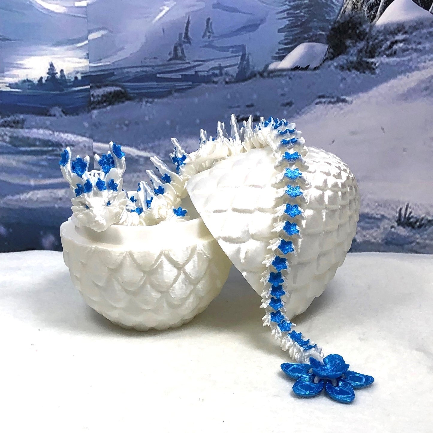 Generic Articulated Dragon with Dragon Egg, 12" 3D Printed White and Blue Cherry Blossom Dragon, Fidget Toy Executive Desk Toy D017-WB