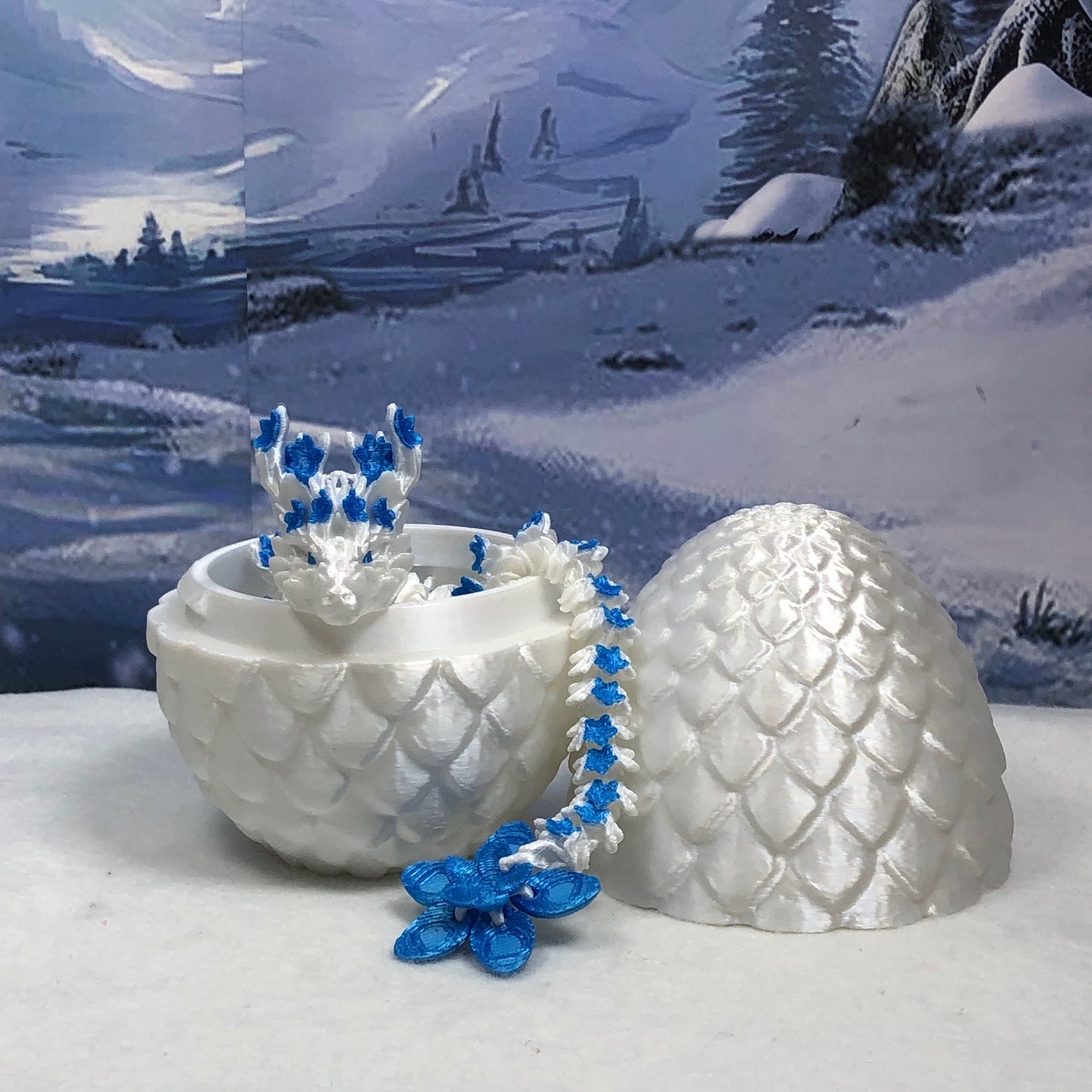 Generic Articulated Dragon with Dragon Egg, 12" 3D Printed White and Blue Cherry Blossom Dragon, Fidget Toy Executive Desk Toy D017-WB