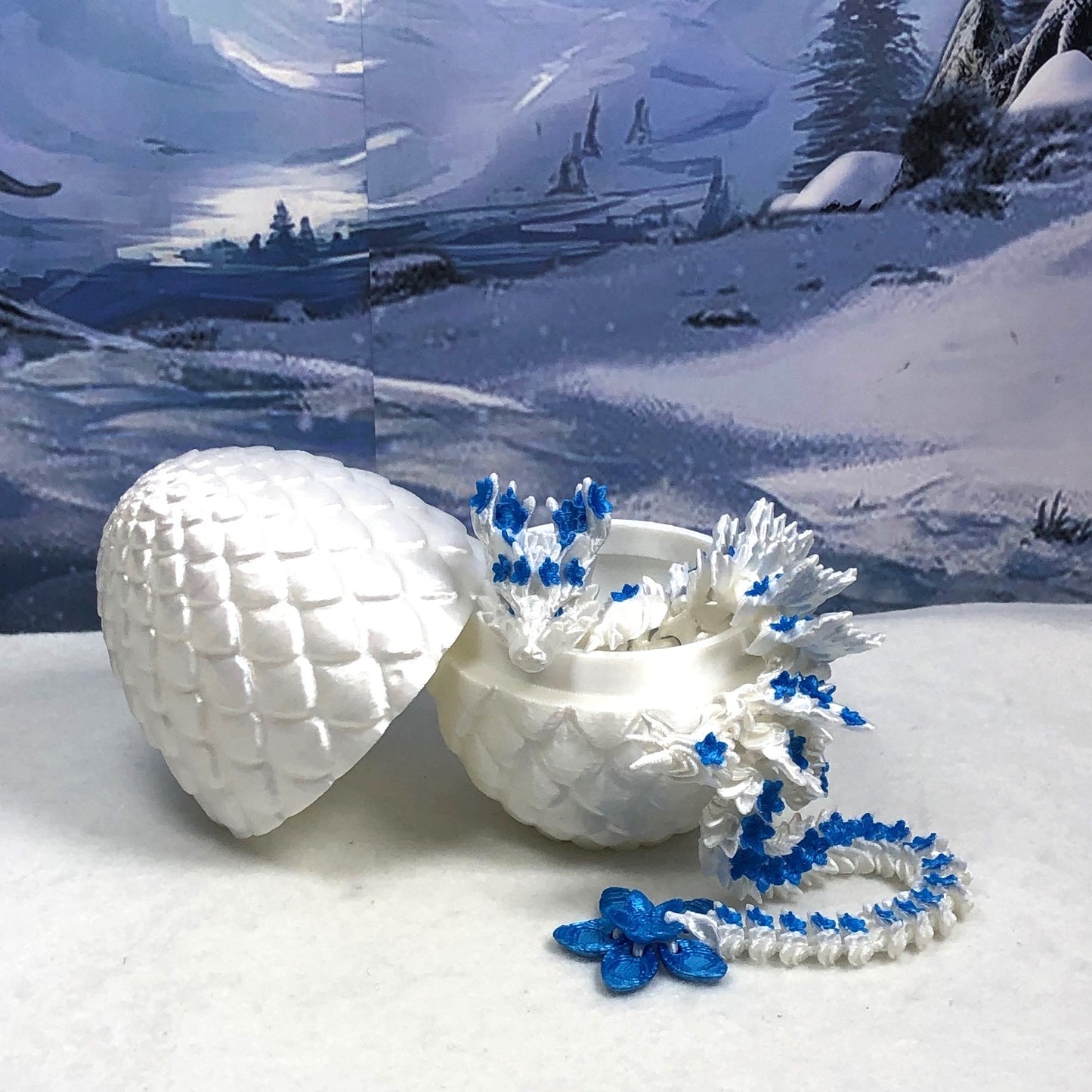 Generic Articulated Dragon with Dragon Egg, 12" 3D Printed White and Blue Cherry Blossom Dragon, Fidget Toy Executive Desk Toy D017-WB