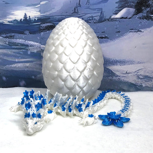 Generic Articulated Dragon with Dragon Egg, 12" 3D Printed White and Blue Cherry Blossom Dragon, Fidget Toy Executive Desk Toy D017-WB