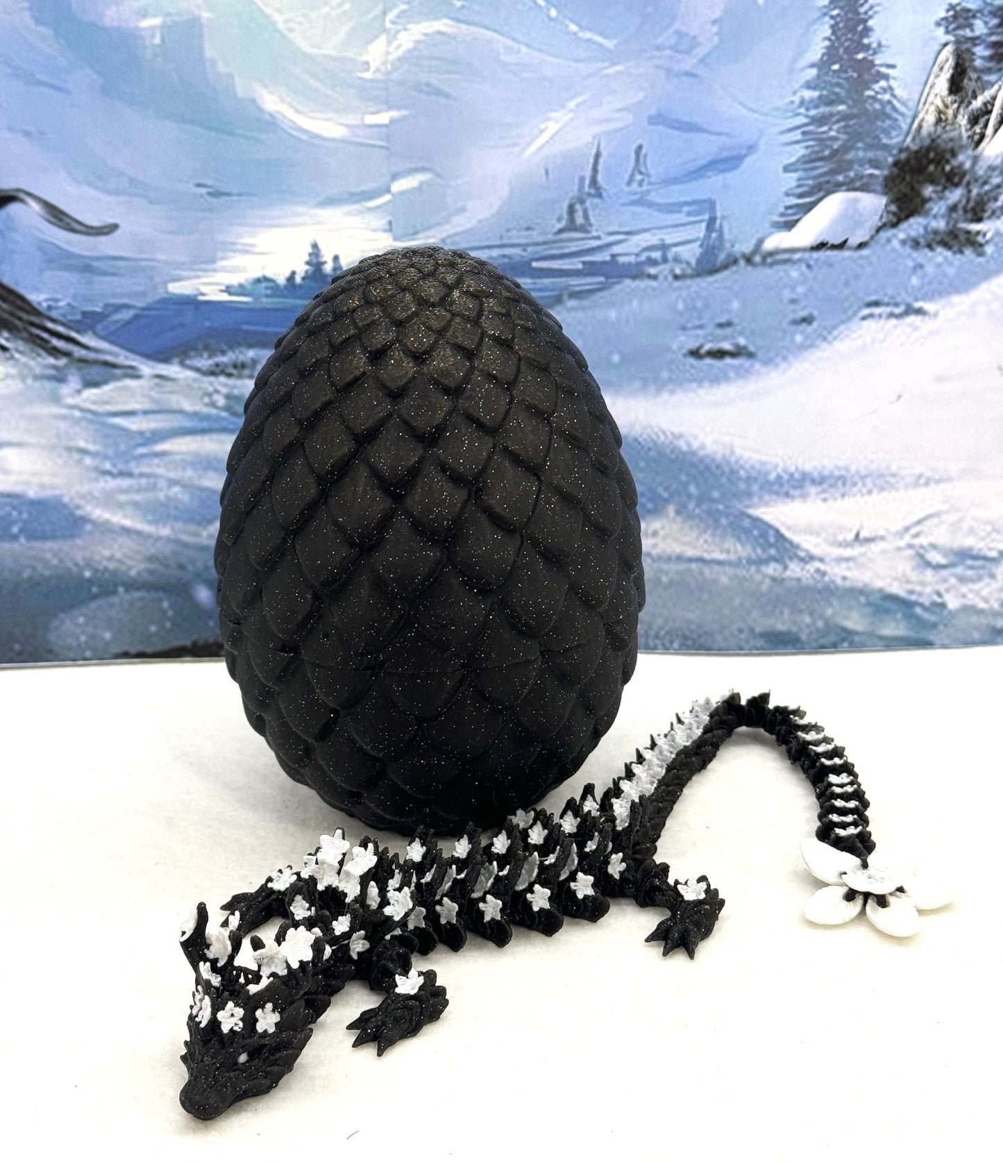 3D Printed Dragon with Dragon Egg, Articulated Dragon, 12" Black and White Cherry Blossom Dragon, Fidget Sensory Toy, Flexible ADHD, Autism, Relief Anxiety D019