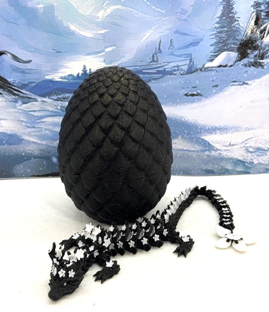 3D Printed Dragon with Dragon Egg, Articulated Dragon, 12" Black and White Cherry Blossom Dragon, Fidget Sensory Toy, Flexible ADHD, Autism, Relief Anxiety D019