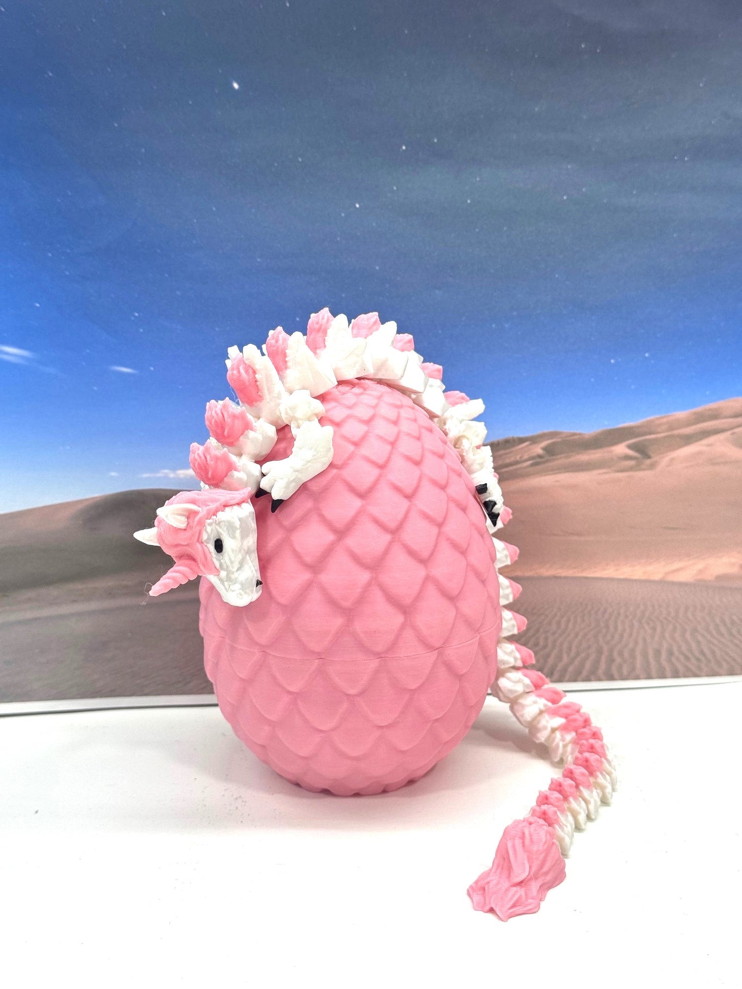 3D Printed Dragon with Dragon Egg, 12" White and Pink Unicorn Dragon, Fidget Anxiety Toy, Executive Desktop Toy D061-PE