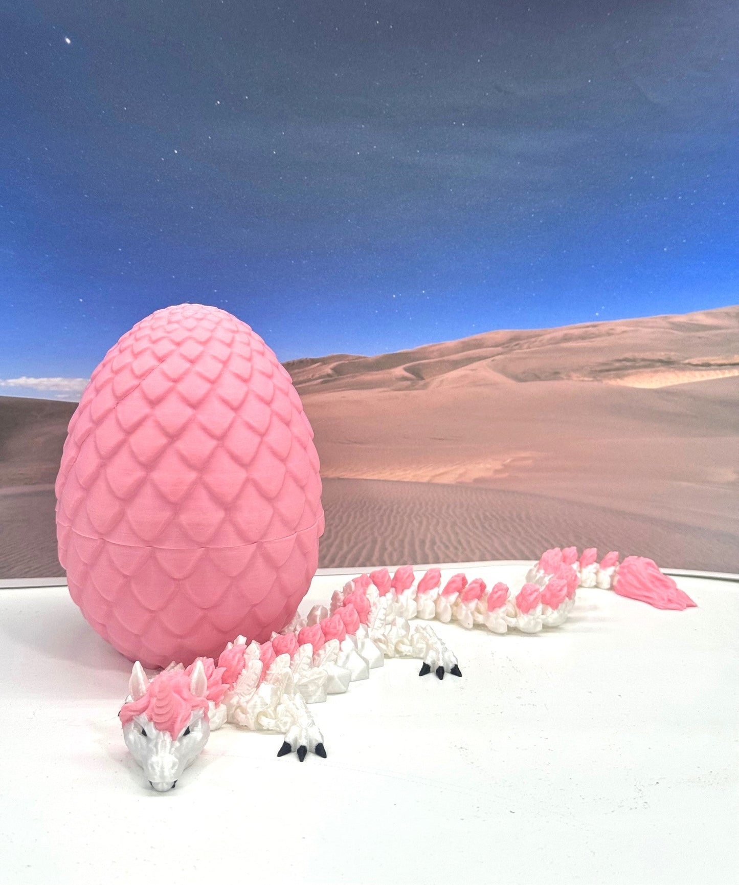 3D Printed Dragon with Dragon Egg, 12" White and Pink Unicorn Dragon, Fidget Anxiety Toy, Executive Desktop Toy D061-PE