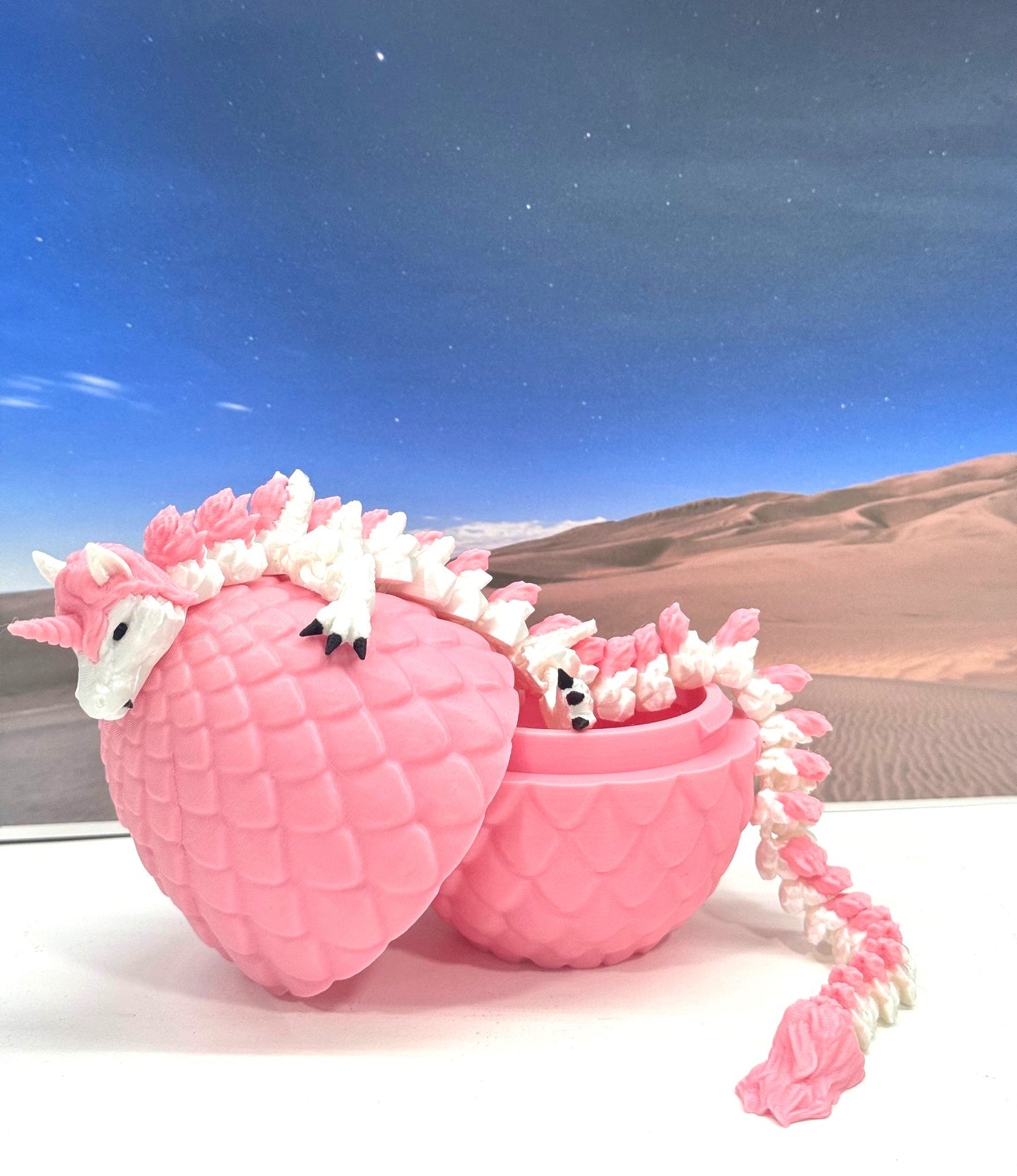 3D Printed Dragon with Dragon Egg, 12" White and Pink Unicorn Dragon, Fidget Anxiety Toy, Executive Desktop Toy D061-PE