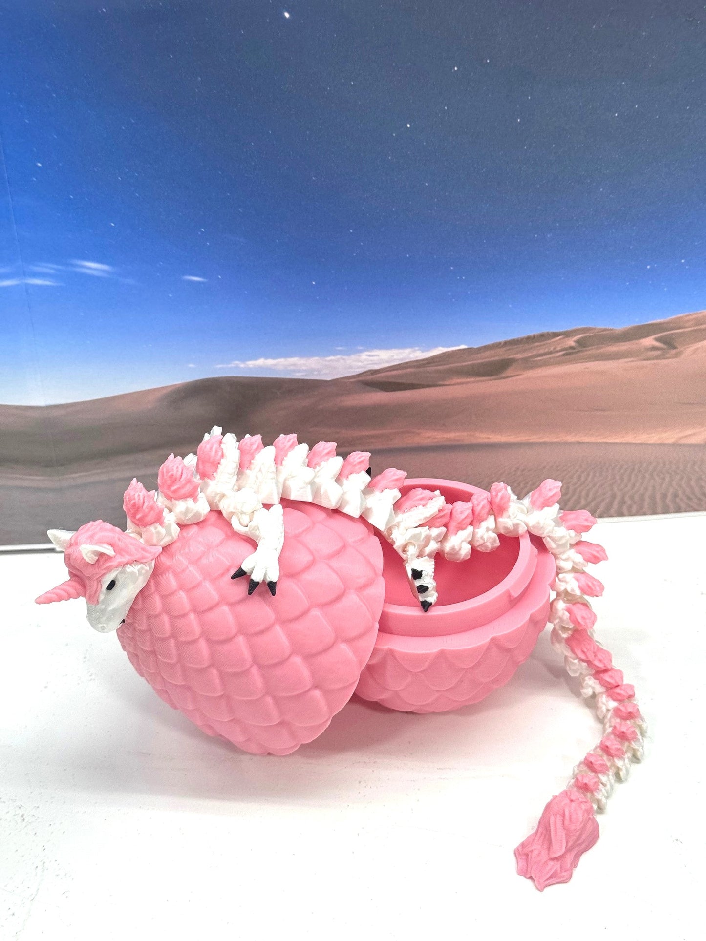 3D Printed Dragon with Dragon Egg, 12" White and Pink Unicorn Dragon, Fidget Anxiety Toy, Executive Desktop Toy D061-PE