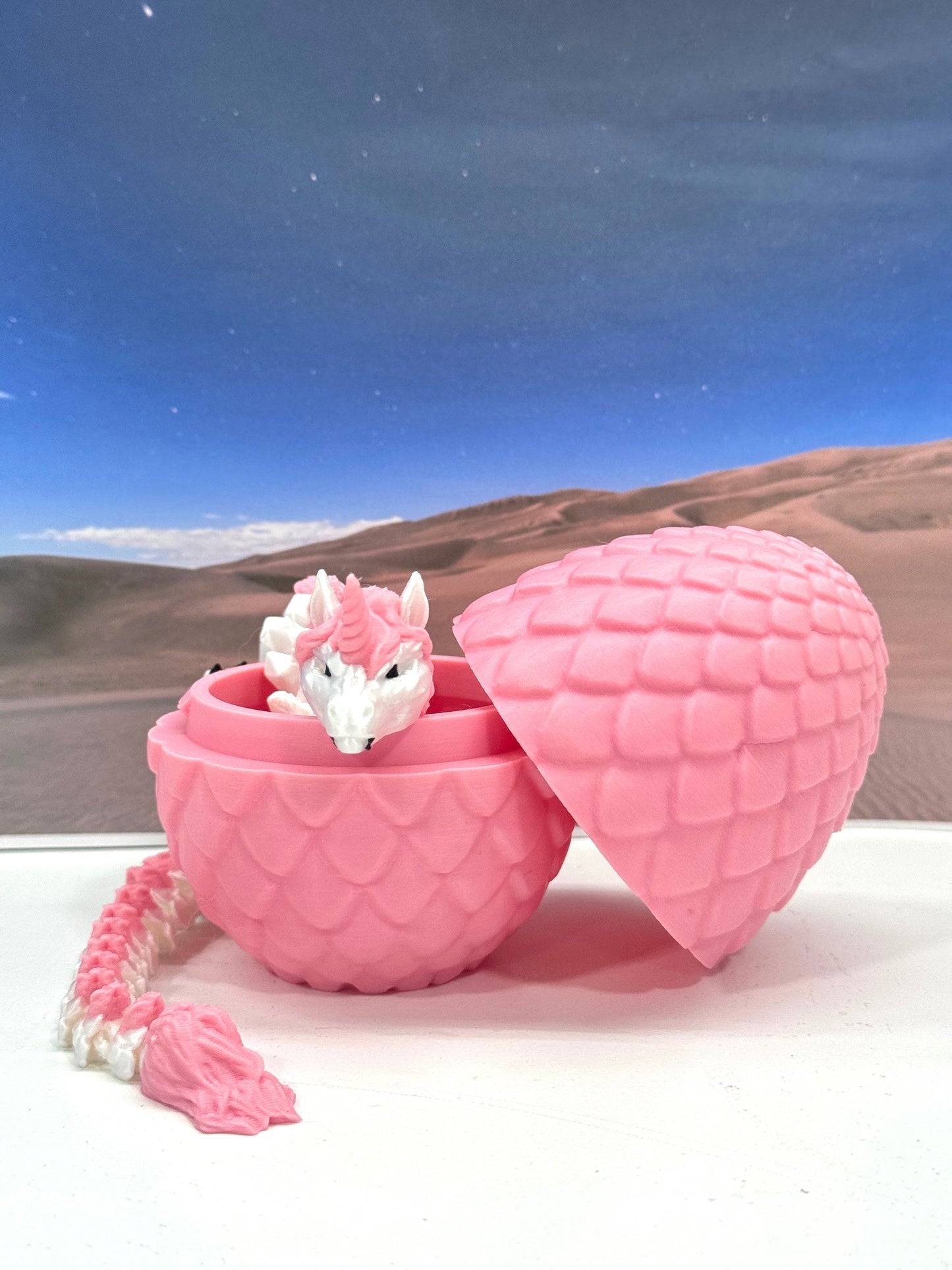 3D Printed Dragon with Dragon Egg, 12" White and Pink Unicorn Dragon, Fidget Anxiety Toy, Executive Desktop Toy D061-PE