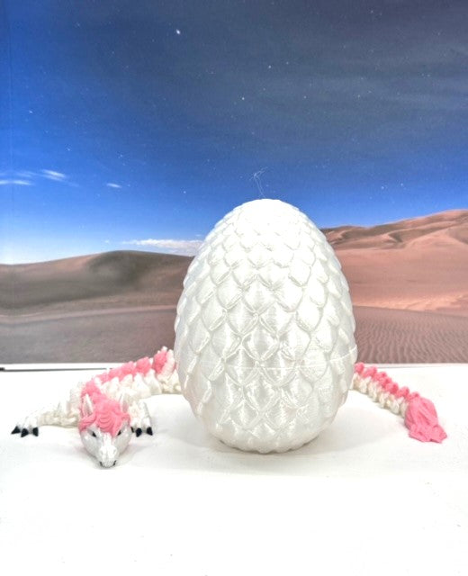 3D Printed Dragon with Dragon Egg, 12" White and Pink Unicorn Dragon, Fidget Anxiety Toy, Executive Desktop Toy D061-WE