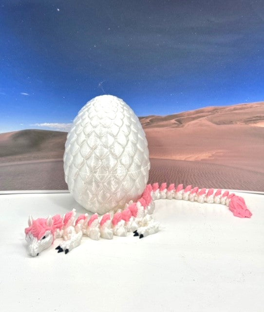 3D Printed Dragon with Dragon Egg, 12" White and Pink Unicorn Dragon, Fidget Anxiety Toy, Executive Desktop Toy D061-WE