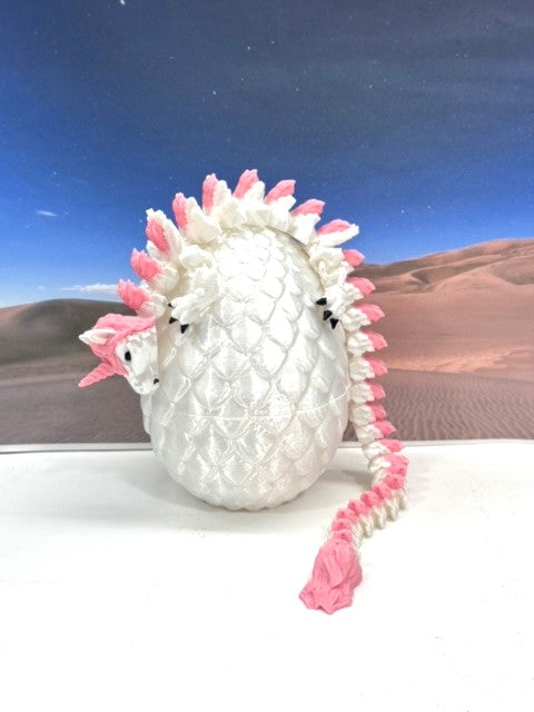 3D Printed Dragon with Dragon Egg, 12" White and Pink Unicorn Dragon, Fidget Anxiety Toy, Executive Desktop Toy D061-WE