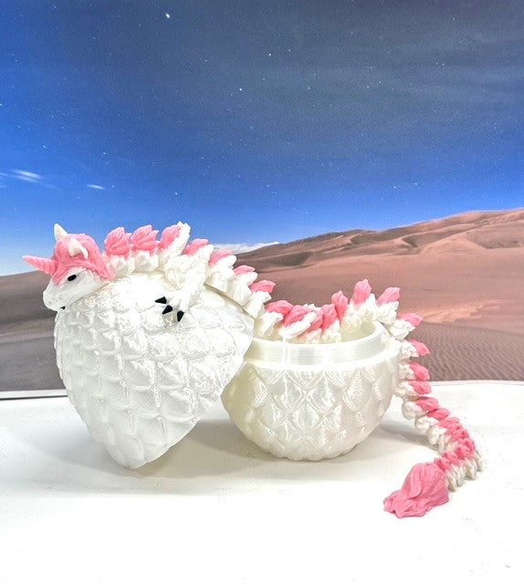 3D Printed Dragon with Dragon Egg, 12" White and Pink Unicorn Dragon, Fidget Anxiety Toy, Executive Desktop Toy D061-WE