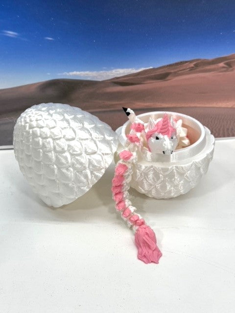 3D Printed Dragon with Dragon Egg, 12" White and Pink Unicorn Dragon, Fidget Anxiety Toy, Executive Desktop Toy D061-WE