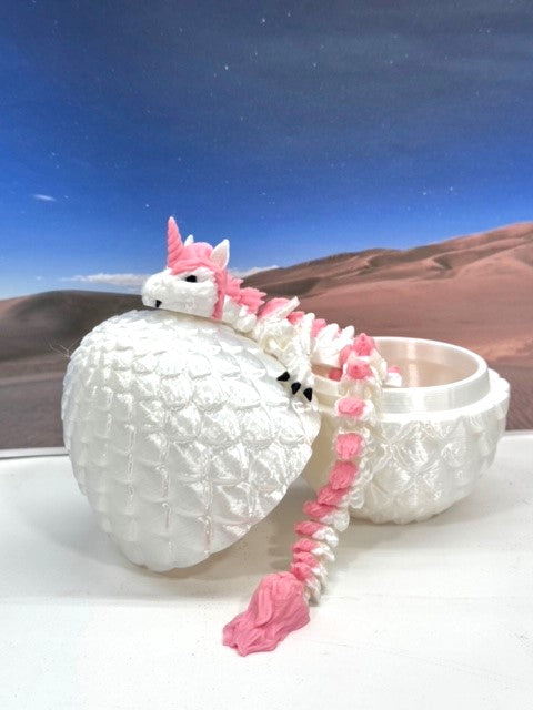 3D Printed Dragon with Dragon Egg, 12" White and Pink Unicorn Dragon, Fidget Anxiety Toy, Executive Desktop Toy D061-WE