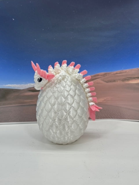 3D Printed Axolotl Baby Dragon with Dragon Egg, 6" Articulated Axolotl Baby Dragon, White and Red Mushroom Baby Dragon, Fidget ADHD Autism Toy BD008-WE