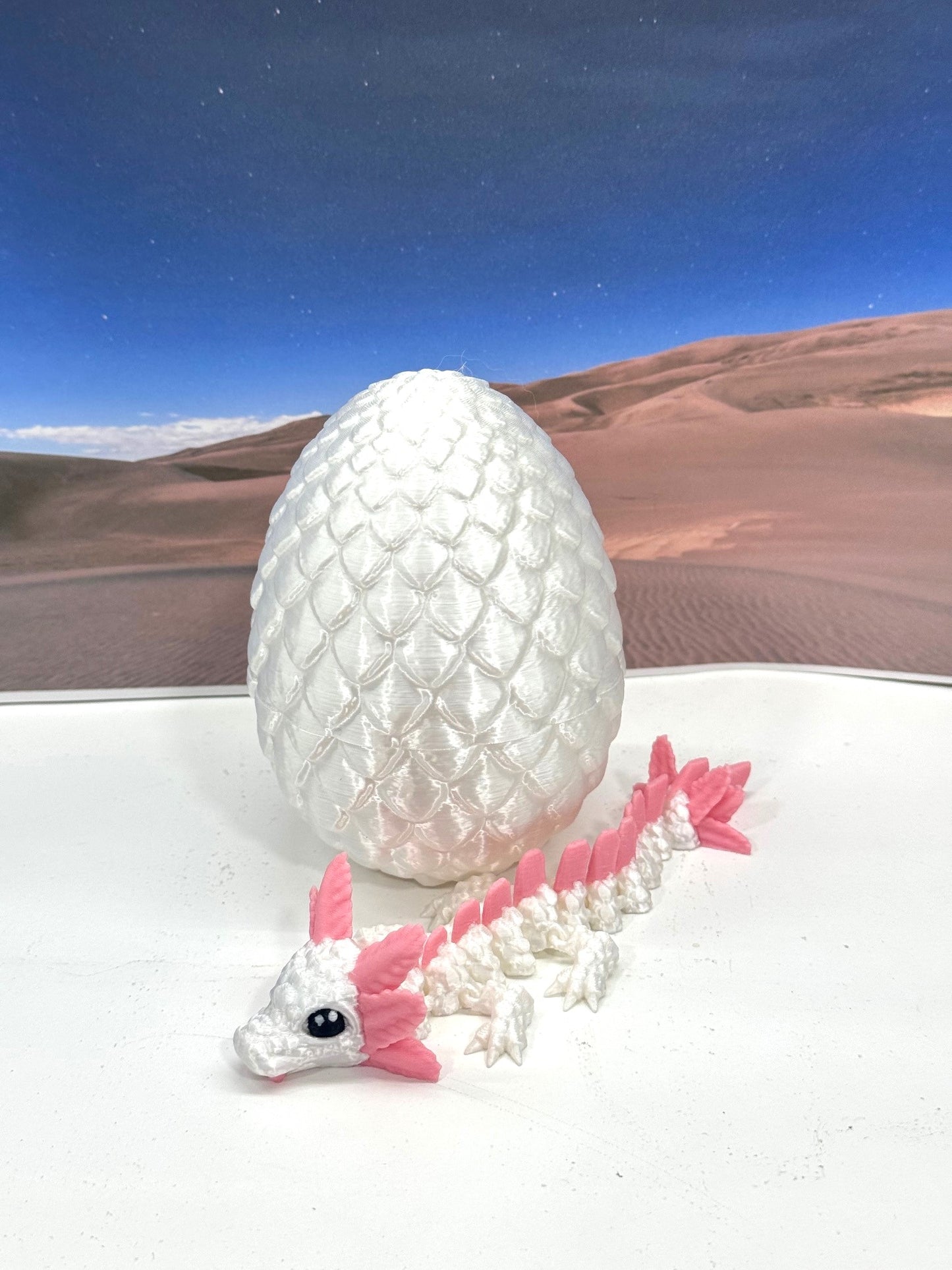 3D Printed Axolotl Baby Dragon with Dragon Egg, 6" Articulated Axolotl Baby Dragon, White and Red Mushroom Baby Dragon, Fidget ADHD Autism Toy BD008-WE