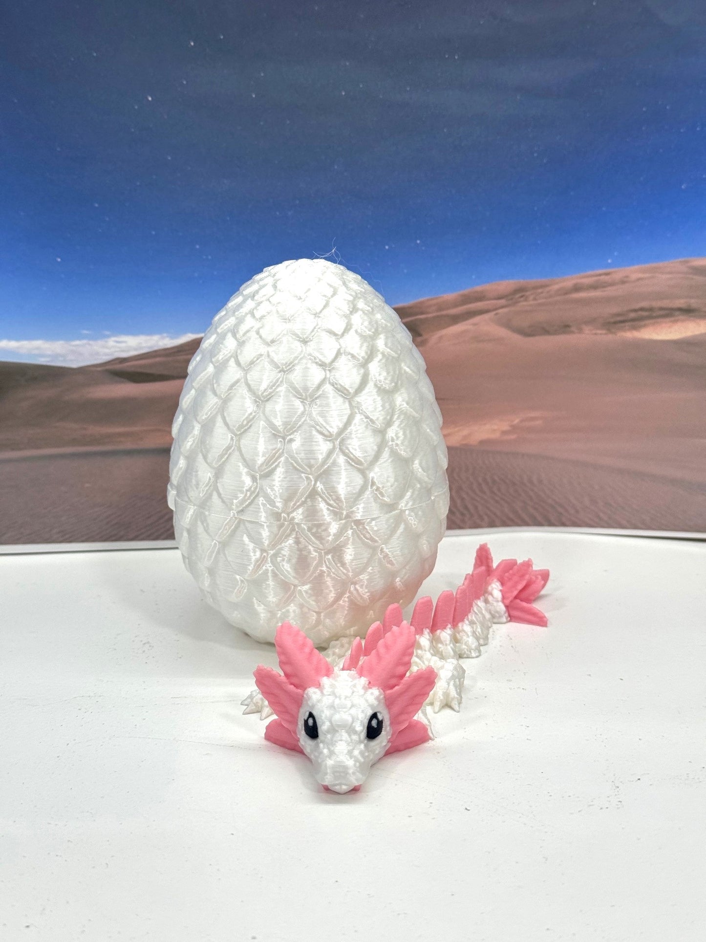 3D Printed Axolotl Baby Dragon with Dragon Egg, 6" Articulated Axolotl Baby Dragon, White and Red Mushroom Baby Dragon, Fidget ADHD Autism Toy BD008-WE