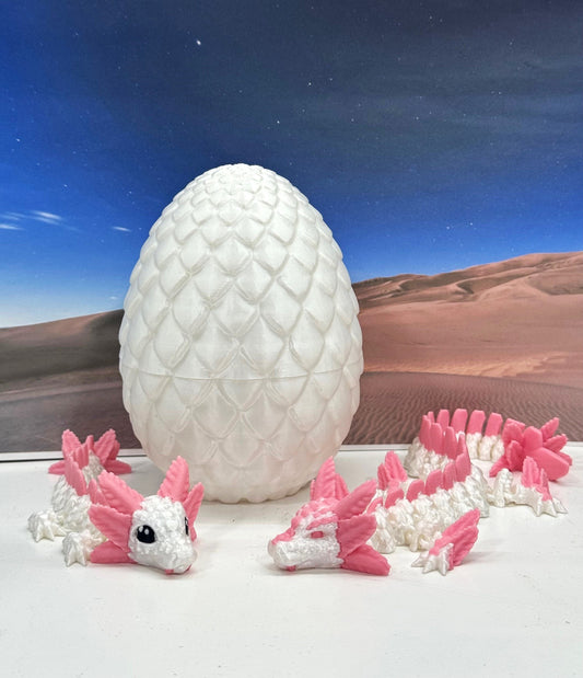 2pcs 3D Printed Dragons with Dragon Egg, Articulated Mother and Baby Axolotl Dragons, 3D Printed White and Pink Dragons, Fidget ADHD Autism Toy MCD-041-008WP