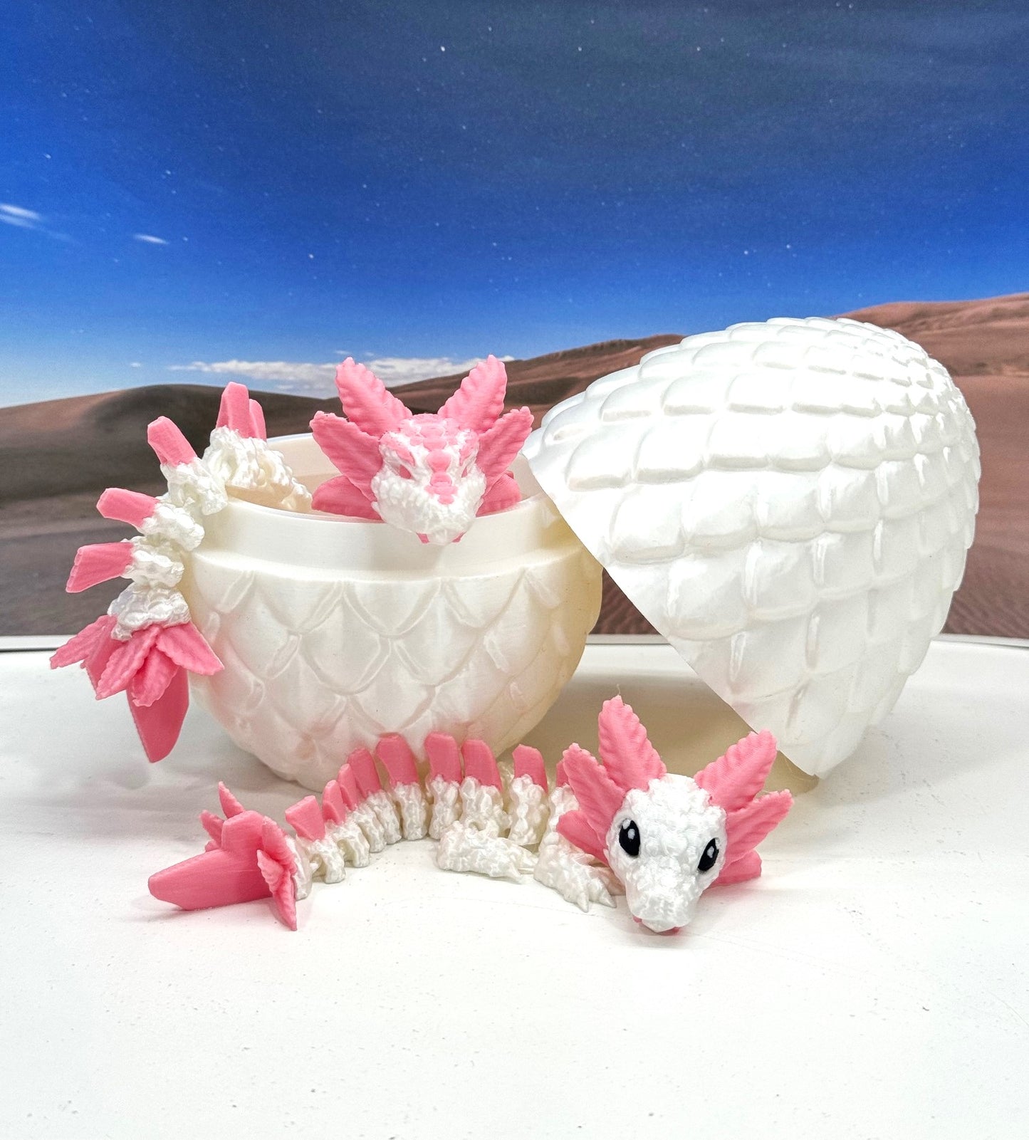 2pcs 3D Printed Dragons with Dragon Egg, Articulated Mother and Baby Axolotl Dragons, 3D Printed White and Pink Dragons, Fidget ADHD Autism Toy MCD-041-008WP