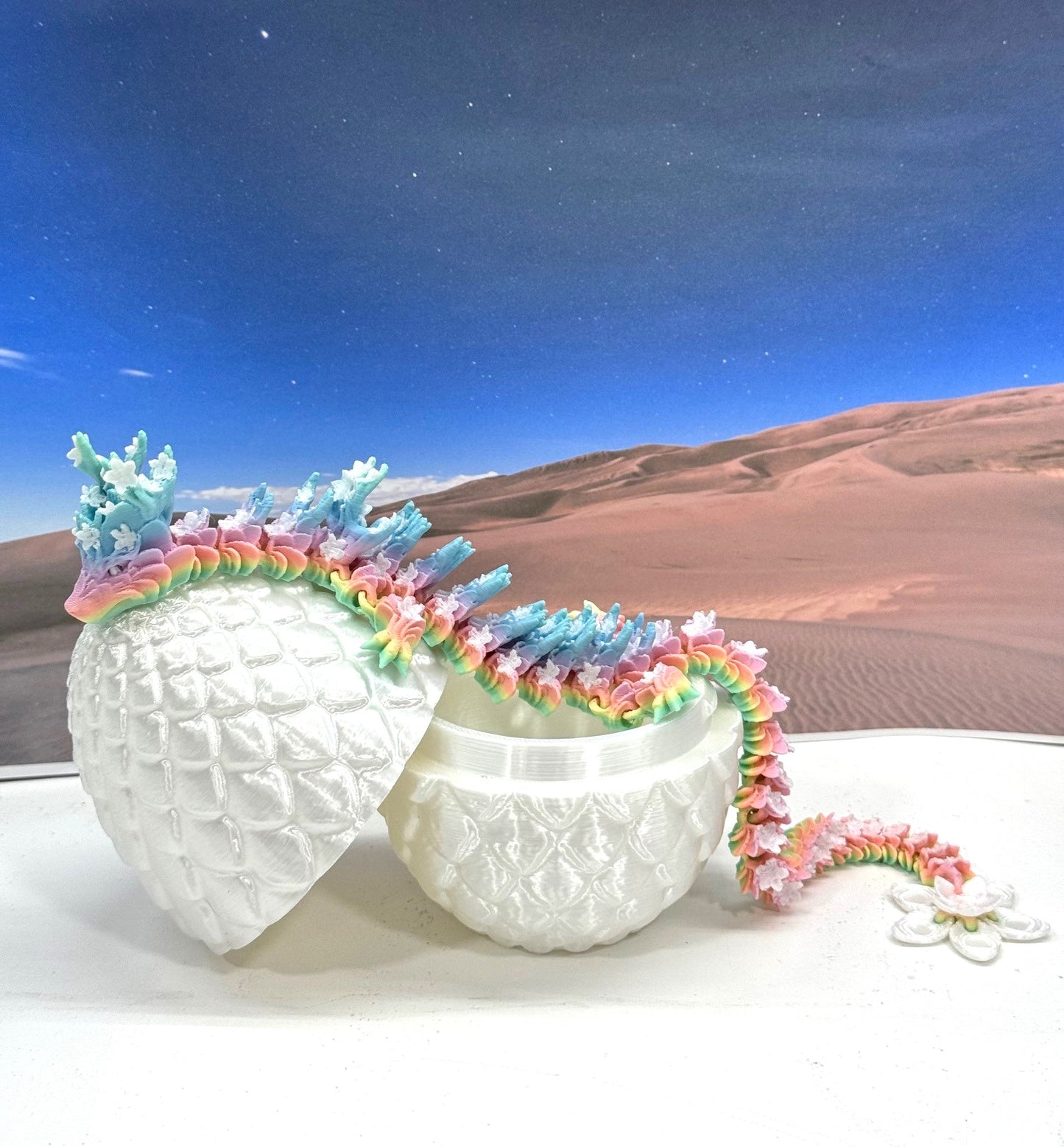 3D Printed Dragon with Dragon Egg, 12" Rainbow Cherry Blossom with Dragon Egg, Fidget ADHD Autism Toy D060-WE