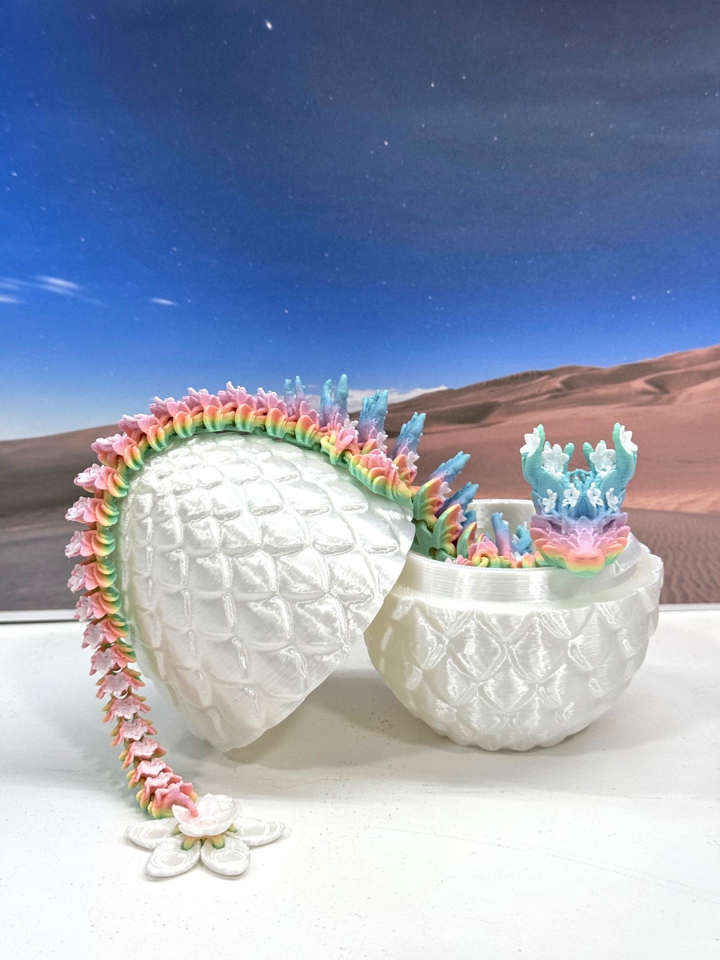 3D Printed Dragon with Dragon Egg, 12" Rainbow Cherry Blossom with Dragon Egg, Fidget ADHD Autism Toy D060-WE