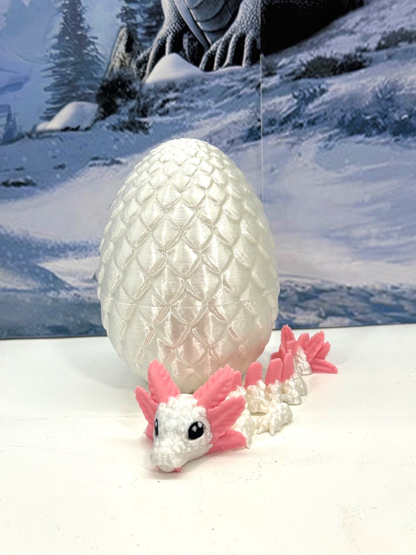 3D Printed Axolotl Baby Dragon with Dragon Egg, 6" Articulated Axolotl Baby Dragon, White and Red Mushroom Baby Dragon, Fidget ADHD Autism Toy BD008-WE