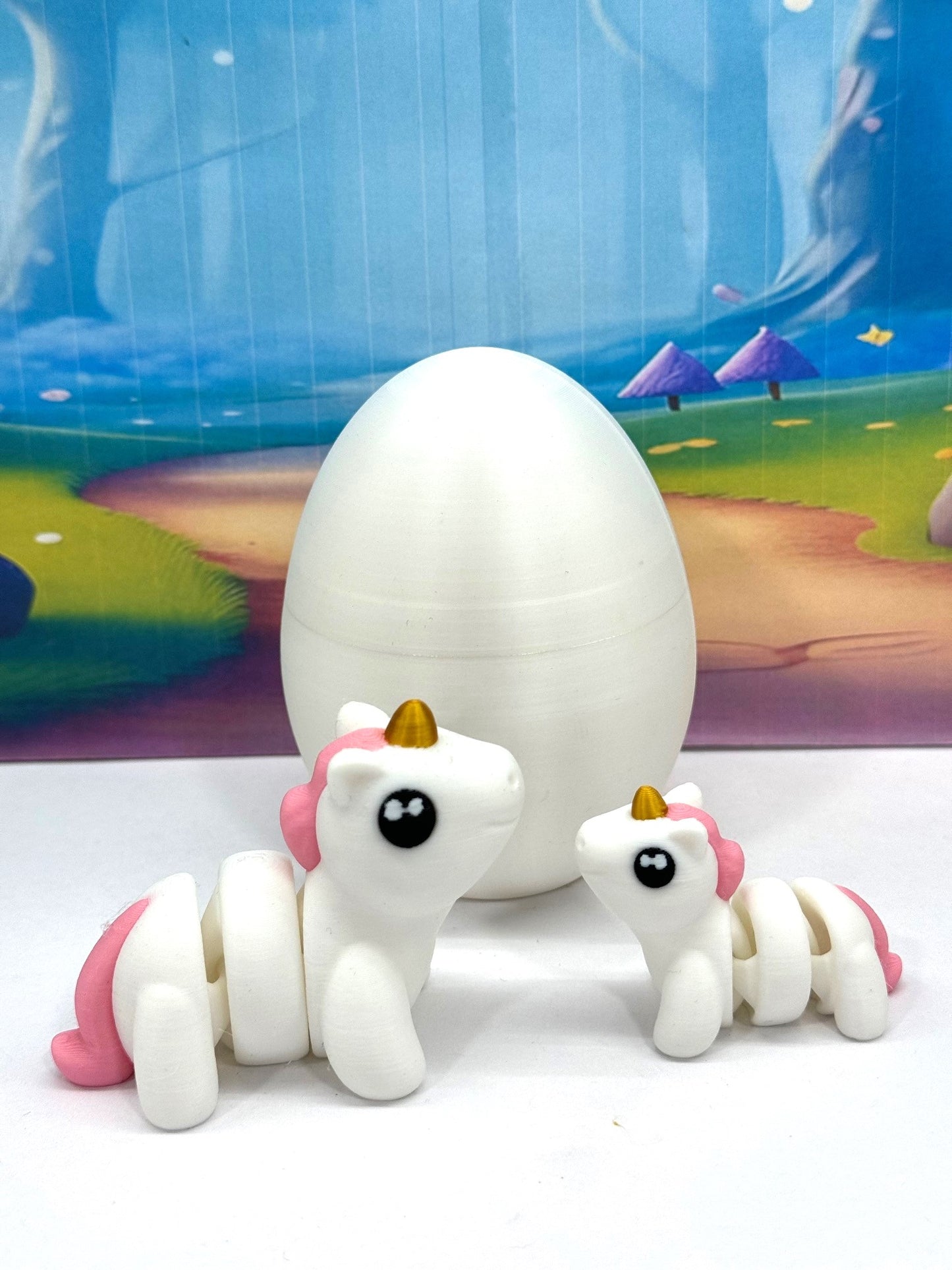 2pcs 3D Printed Unicorn with Egg, Articulated White AND Pink Unicorn, Fidget Mini Animal Gift Idea, Party Decorations MU001-2X