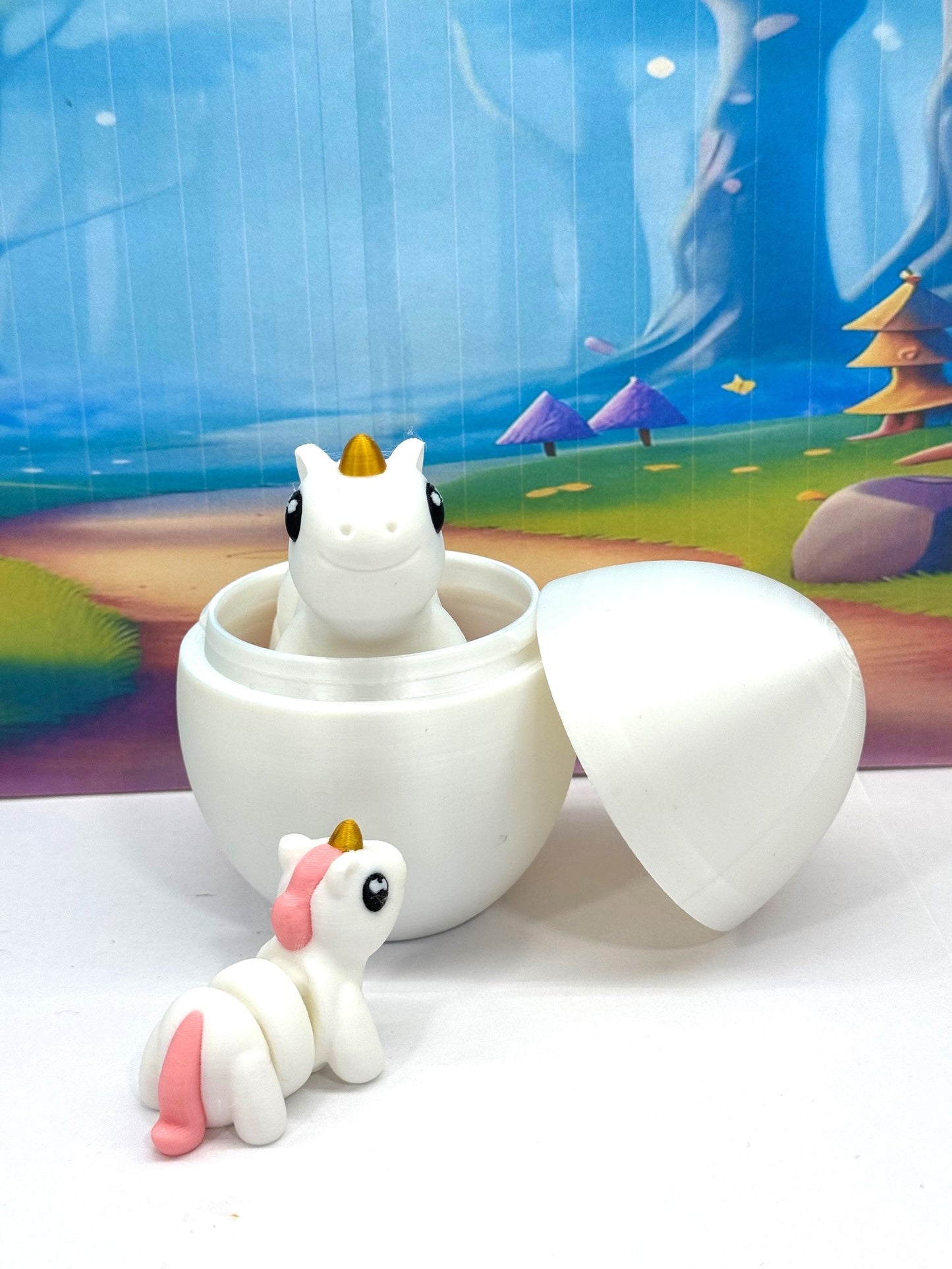 2pcs 3D Printed Unicorn with Egg, Articulated White AND Pink Unicorn, Fidget Mini Animal Gift Idea, Party Decorations MU001-2X