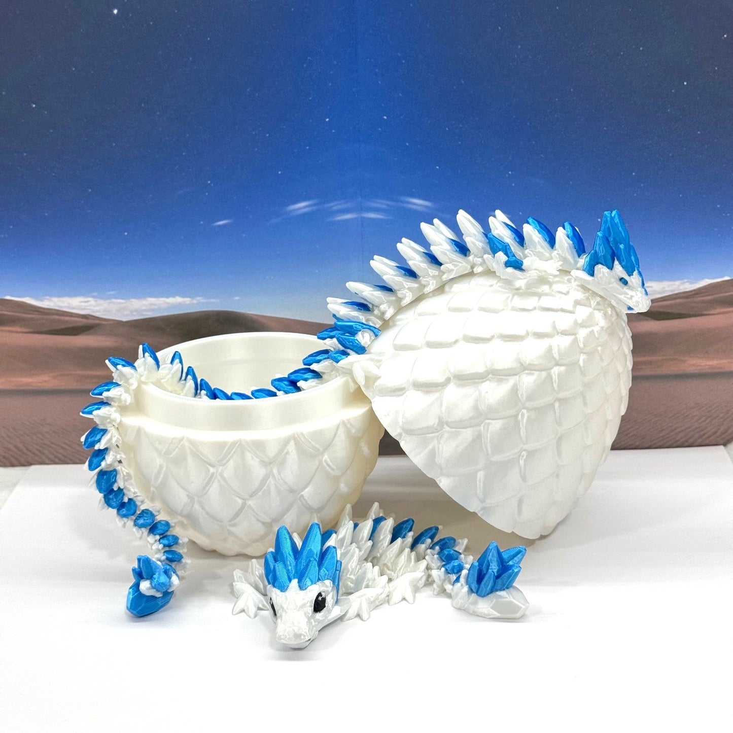 2pcs 3D Printed Dragons with Dragon Egg, Articulated Mother and Baby Gemstone Dragons, 3D Printed White and Blue Dragons, Fidget ADHD Autism Toy MCD-063-008WB