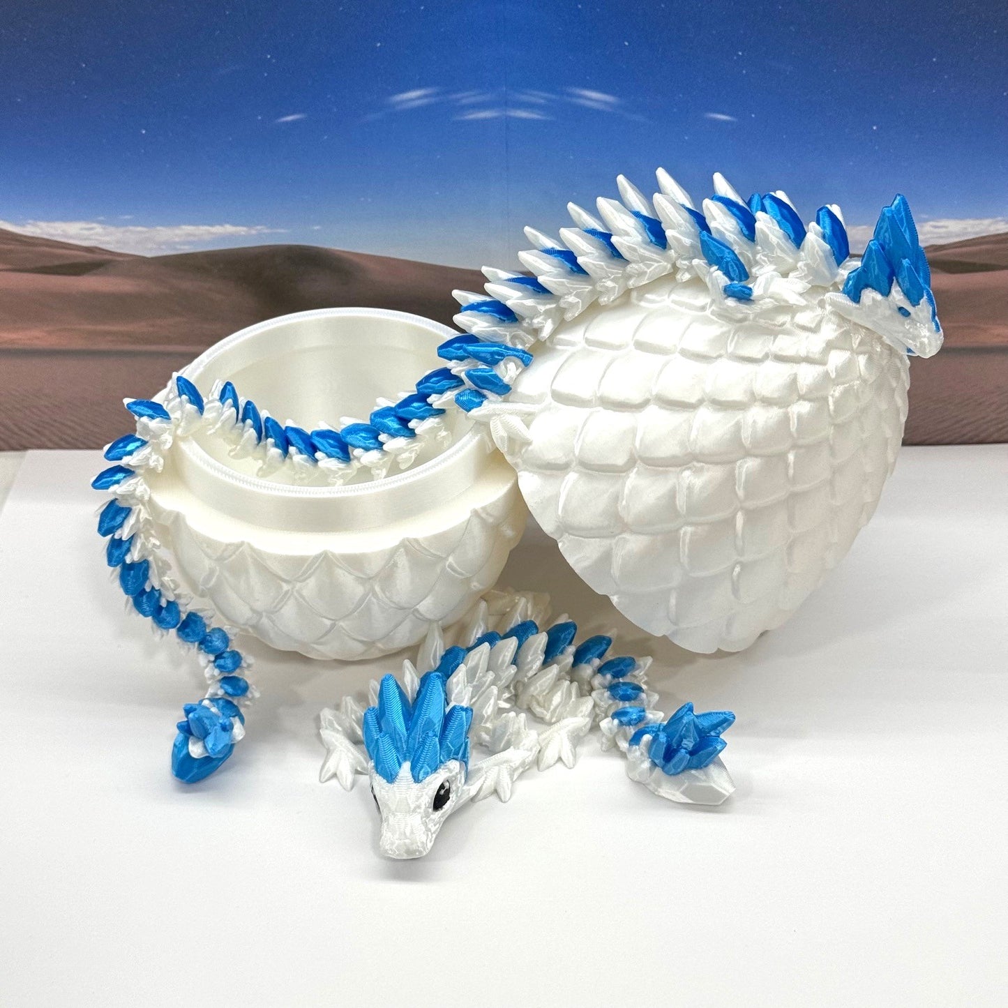 2pcs 3D Printed Dragons with Dragon Egg, Articulated Mother and Baby Gemstone Dragons, 3D Printed White and Blue Dragons, Fidget ADHD Autism Toy MCD-063-008WB