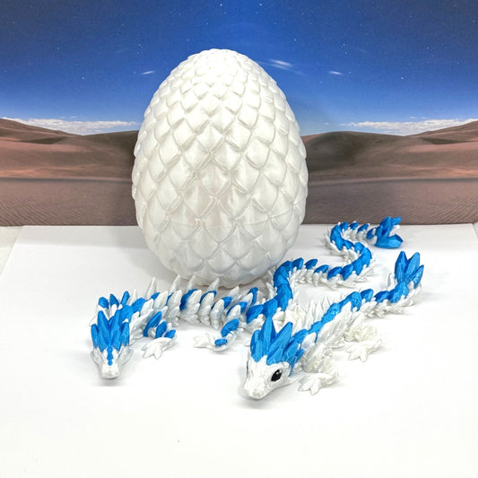 2pcs 3D Printed Dragons with Dragon Egg, Articulated Mother and Baby Gemstone Dragons, 3D Printed White and Blue Dragons, Fidget ADHD Autism Toy MCD-063-008WB