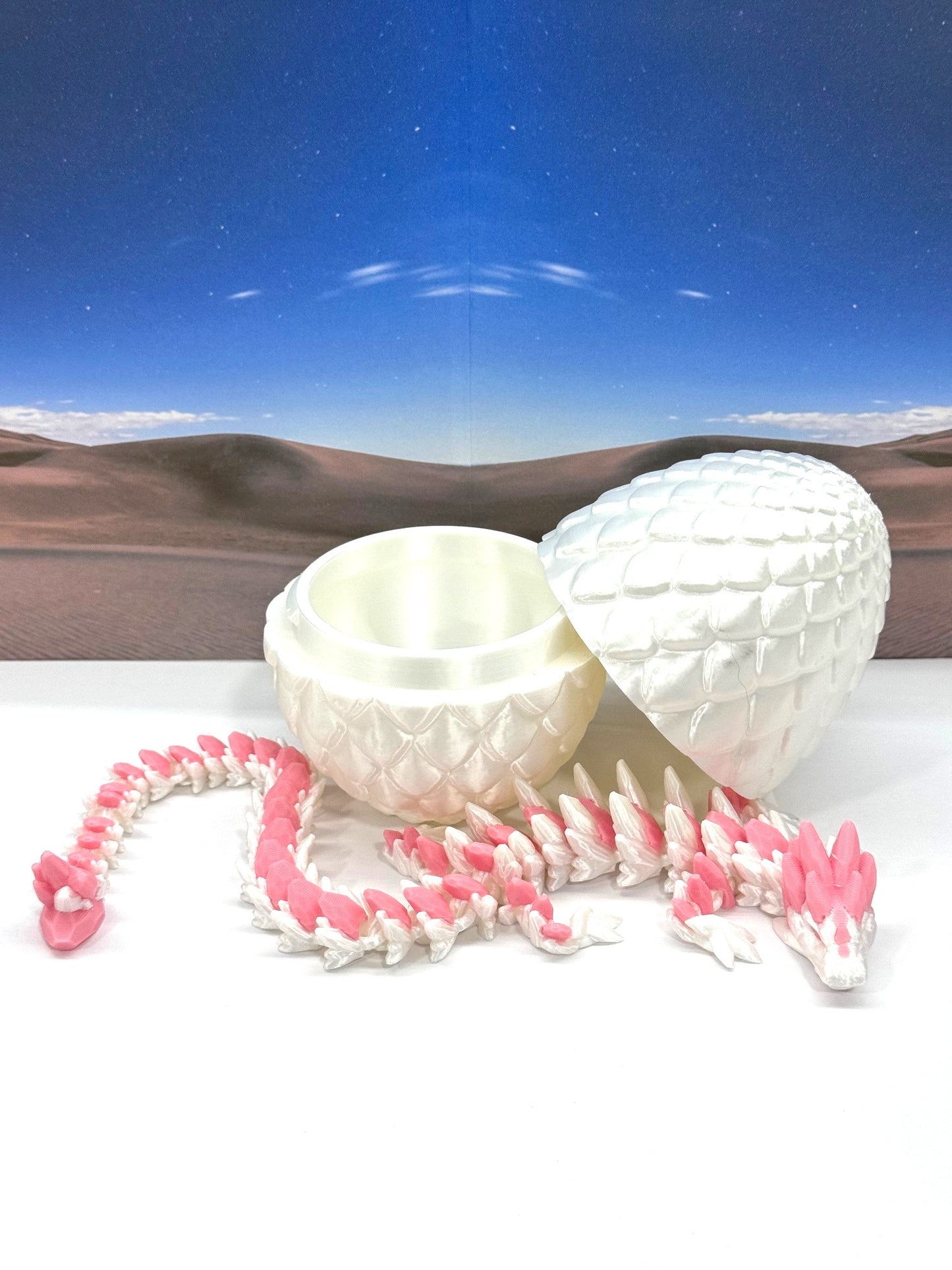 2pcs 3D Printed Dragons with Dragon Egg, Articulated Mother and Baby Gemstone Dragons, 3D Printed White and Pink Dragons, Fidget ADHD Autism Toy MCD-063-008WP