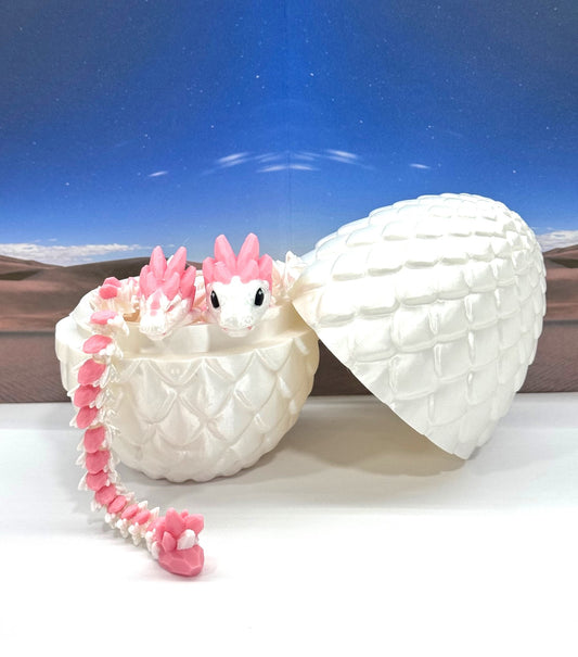 2pcs 3D Printed Dragons with Dragon Egg, Articulated Mother and Baby Gemstone Dragons, 3D Printed White and Pink Dragons, Fidget ADHD Autism Toy MCD-063-008WP