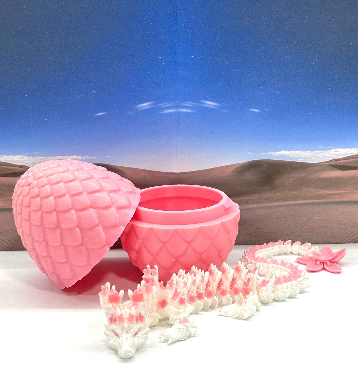 Generic 3D Printed Dragon with Dragon Egg, 12" White AND Sakura Pink Cherry Blossom with Dragon Egg, Fidget ADHD Autism Sensory Toy D016