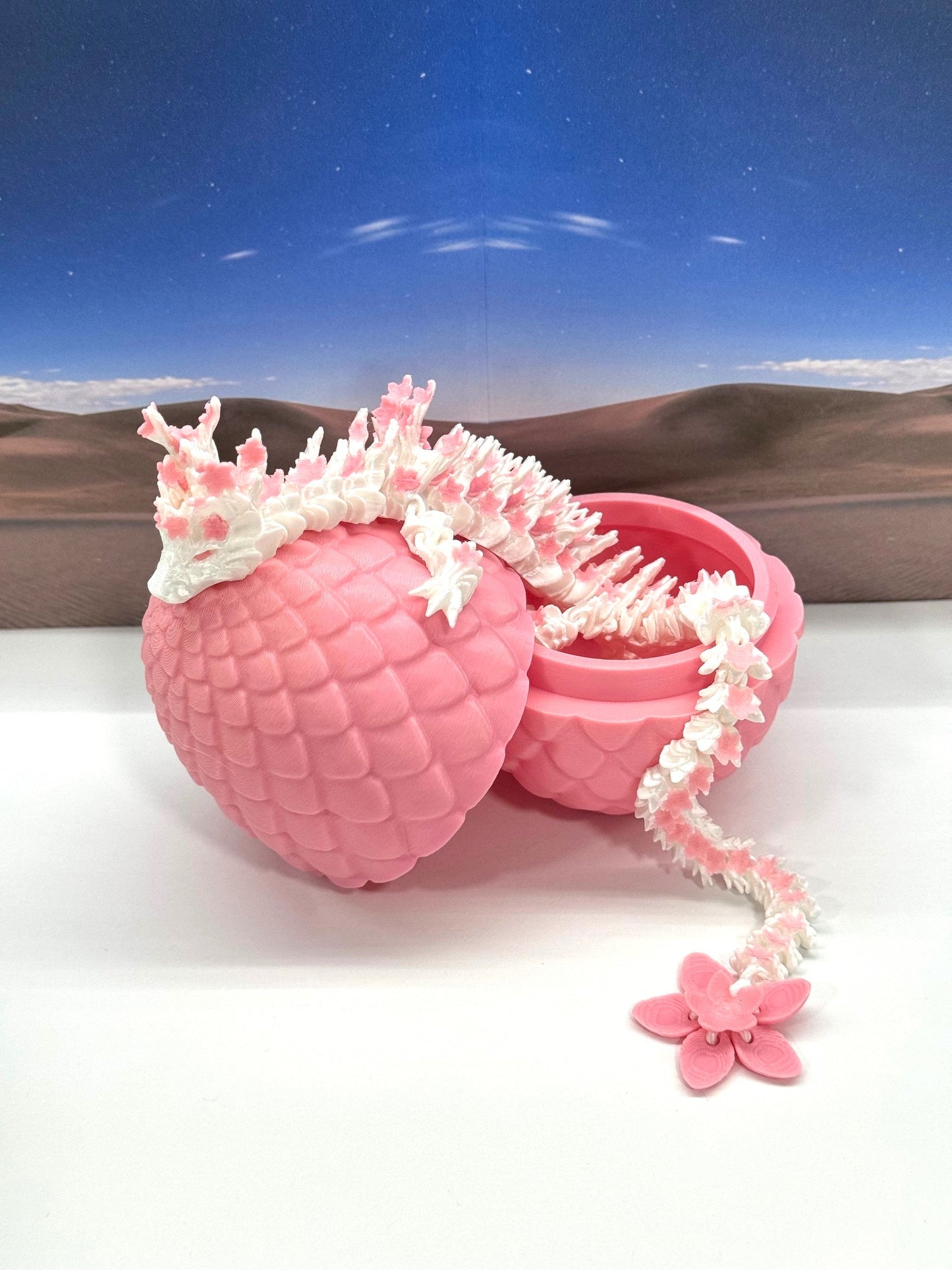 Generic 3D Printed Dragon with Dragon Egg, 12" White AND Sakura Pink Cherry Blossom with Dragon Egg, Fidget ADHD Autism Sensory Toy D016