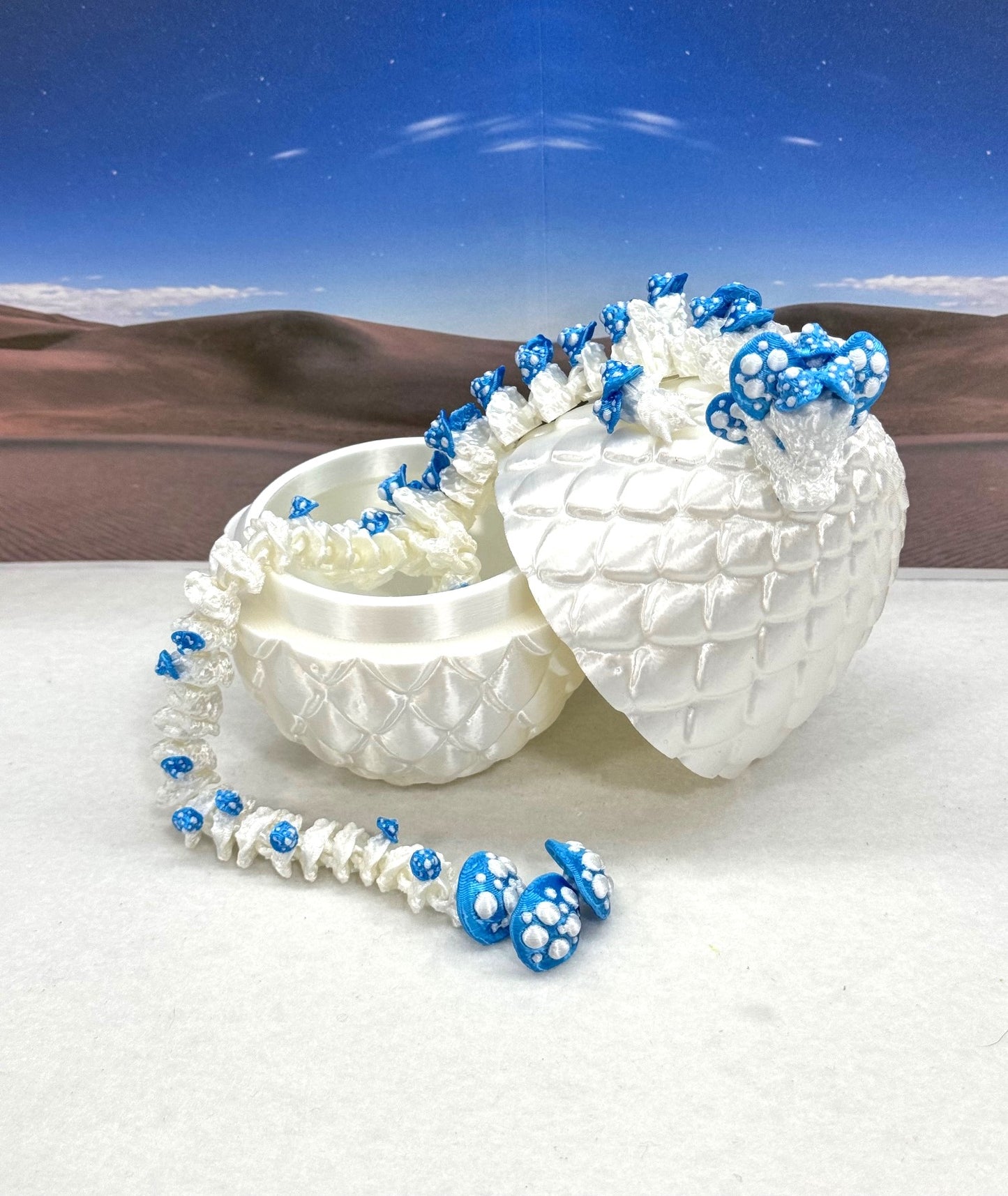 3D Printed Dragon with Dragon Egg , 12" Articulated White and Blue Mushroom Dragon, Fidget Anxiety Toy, Executive Desk Toy D046WB-WE