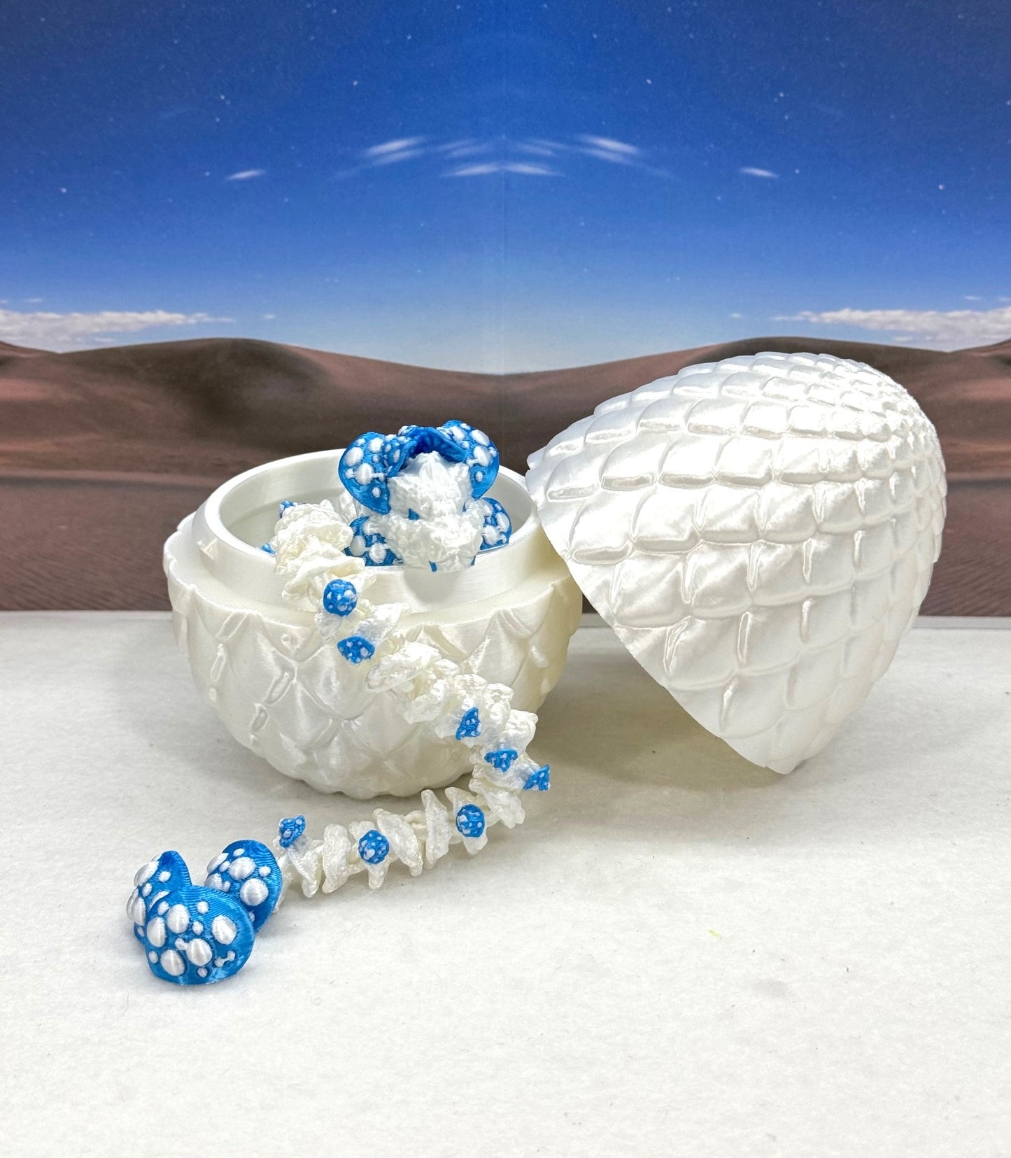 3D Printed Dragon with Dragon Egg , 12" Articulated White and Blue Mushroom Dragon, Fidget Anxiety Toy, Executive Desk Toy D046WB-WE