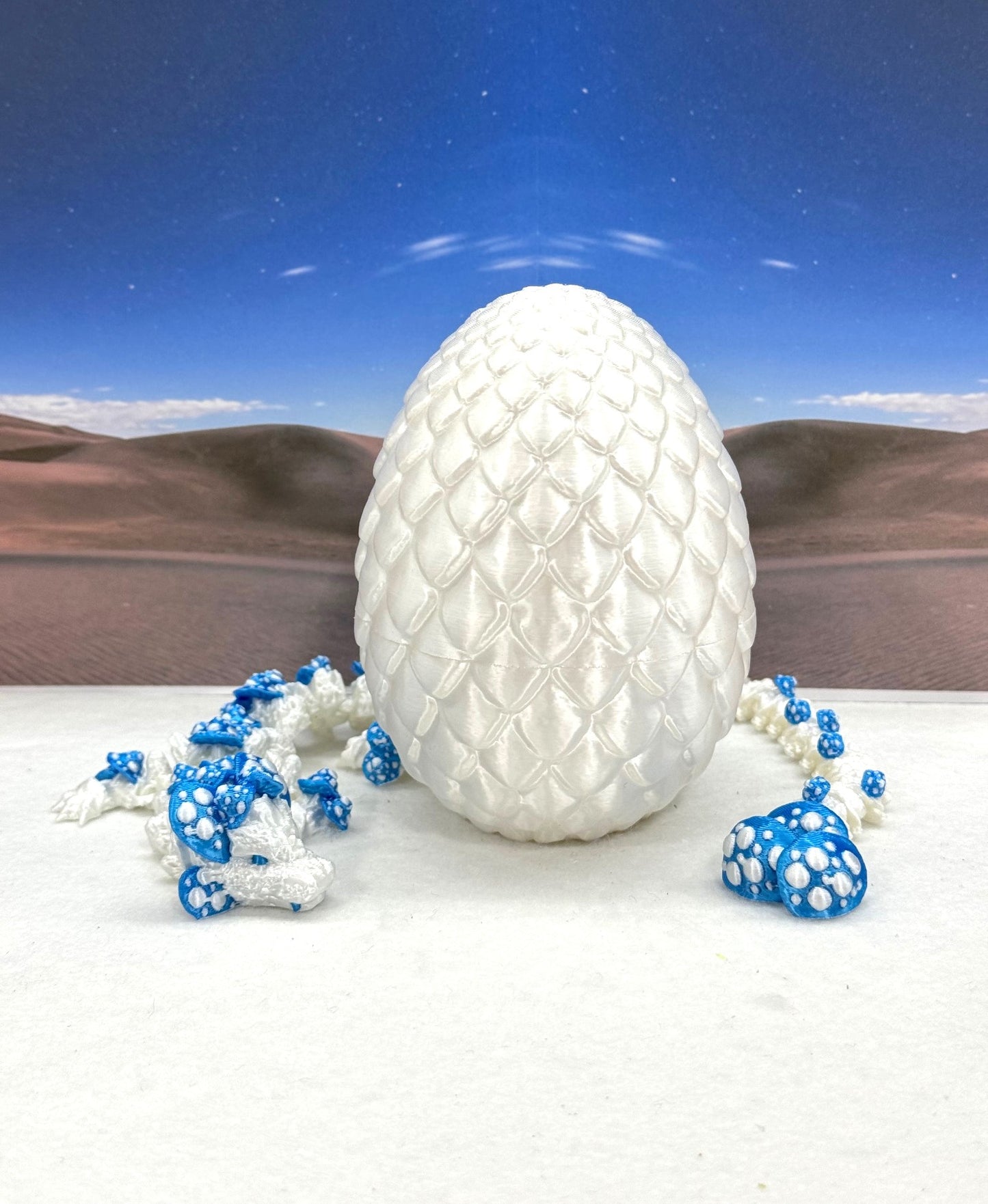 3D Printed Dragon with Dragon Egg , 12" Articulated White and Blue Mushroom Dragon, Fidget Anxiety Toy, Executive Desk Toy D046WB-WE