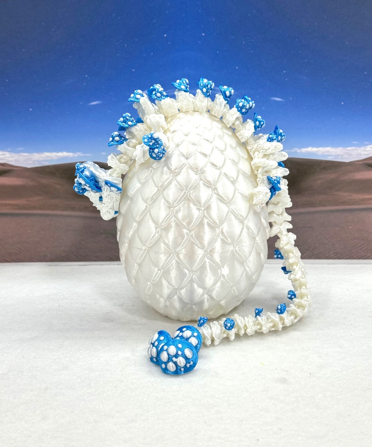 3D Printed Dragon with Dragon Egg , 12" Articulated White and Blue Mushroom Dragon, Fidget Anxiety Toy, Executive Desk Toy D046WB-WE