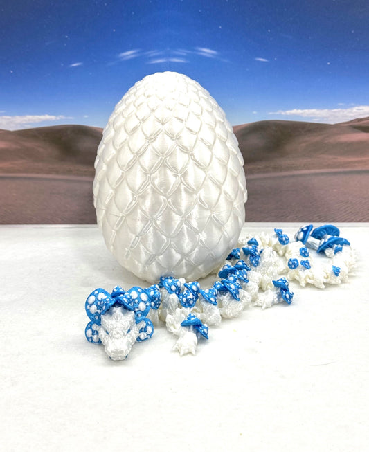 3D Printed Dragon with Dragon Egg , 12" Articulated White and Blue Mushroom Dragon, Fidget Anxiety Toy, Executive Desk Toy D046WB-WE