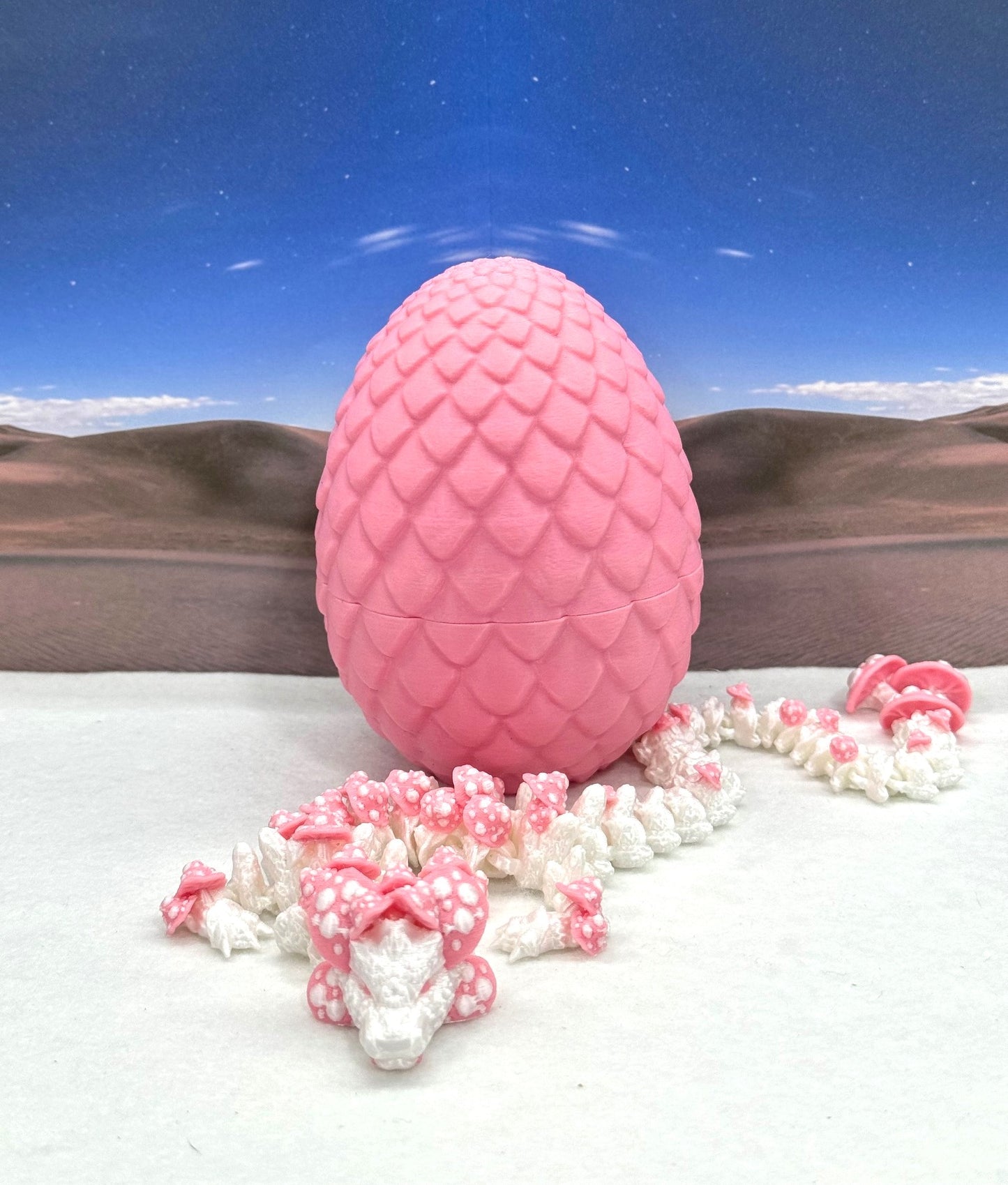 3D Printed Dragon with Dragon Egg , 12" Articulated White and Pink Mushroom Dragon, Fidget Anxiety Toy, Executive Desk Toy D046WP-PE