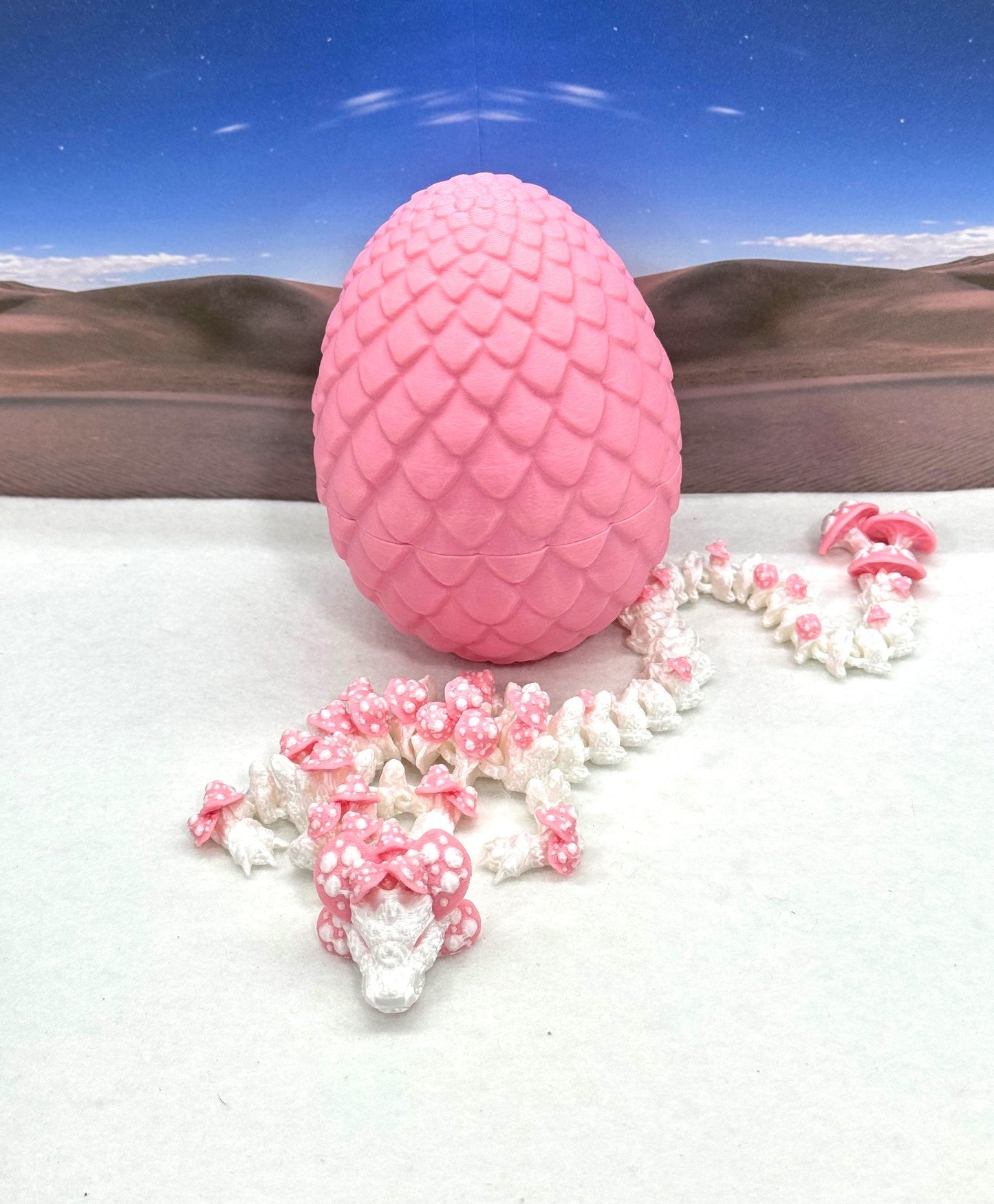 3D Printed Dragon with Dragon Egg , 12" Articulated White and Pink Mushroom Dragon, Fidget Anxiety Toy, Executive Desk Toy D046WP-PE