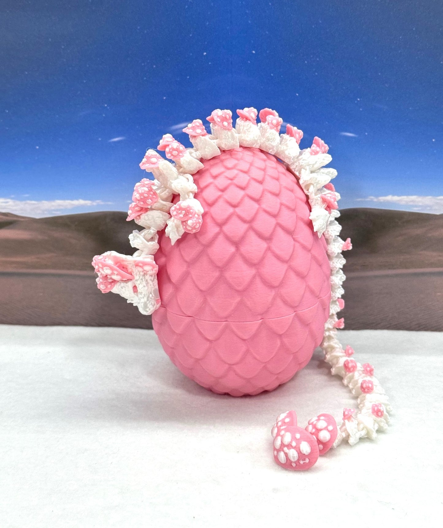 3D Printed Dragon with Dragon Egg , 12" Articulated White and Pink Mushroom Dragon, Fidget Anxiety Toy, Executive Desk Toy D046WP-PE