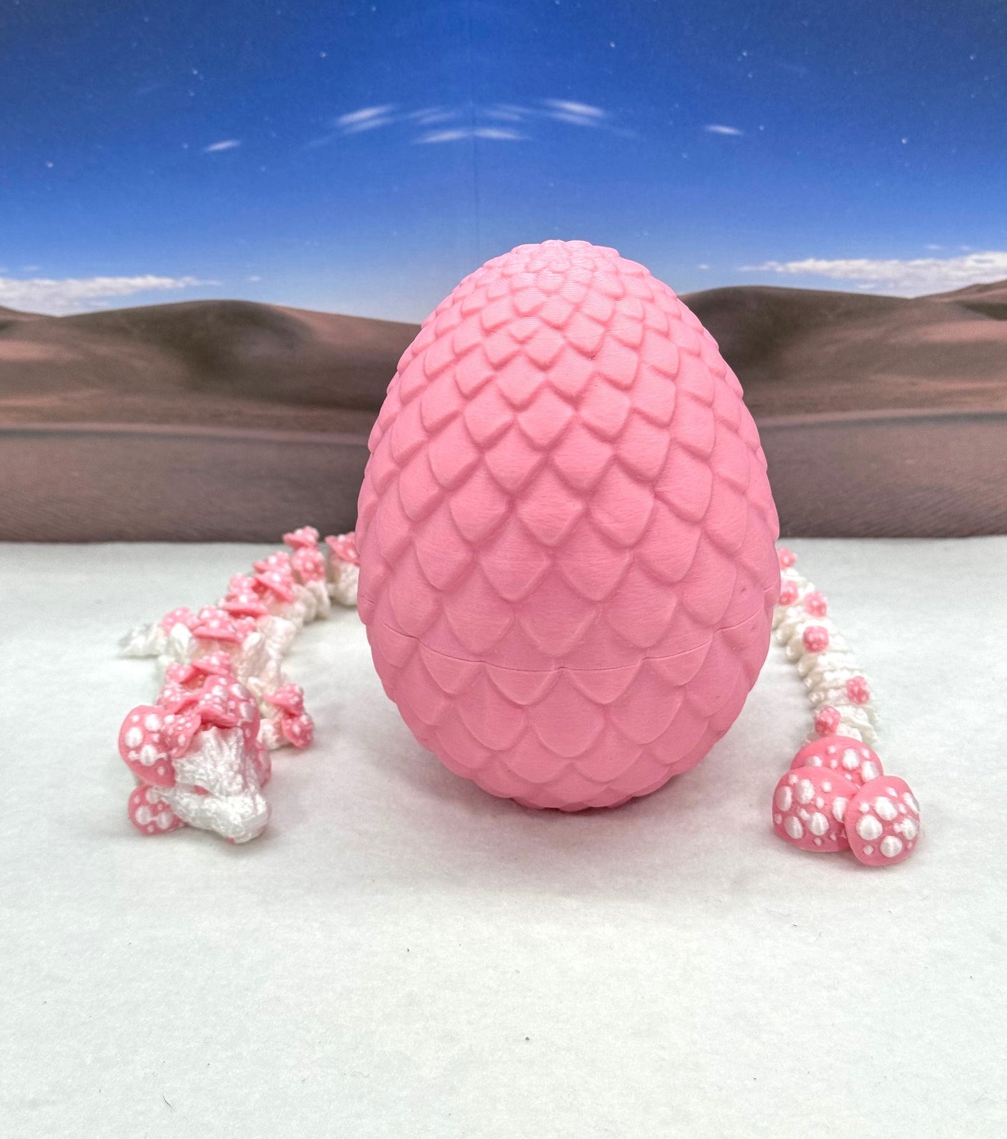 3D Printed Dragon with Dragon Egg , 12" Articulated White and Pink Mushroom Dragon, Fidget Anxiety Toy, Executive Desk Toy D046WP-PE