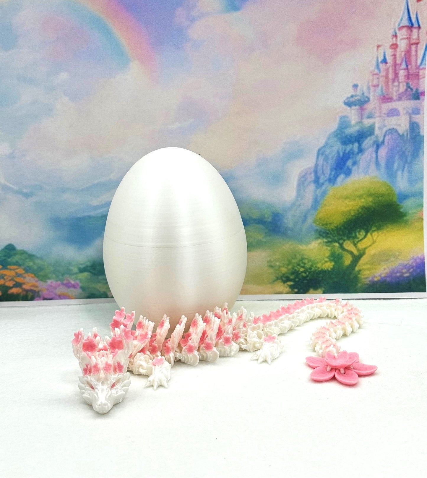 3D Printed Dragon with Dragon Egg, Articulated Cherry Blossom Dragon, 12 Inches White and Pink Dragon, Fidget ADHD Autism Toy, Executive Desk Toy D016-CLS