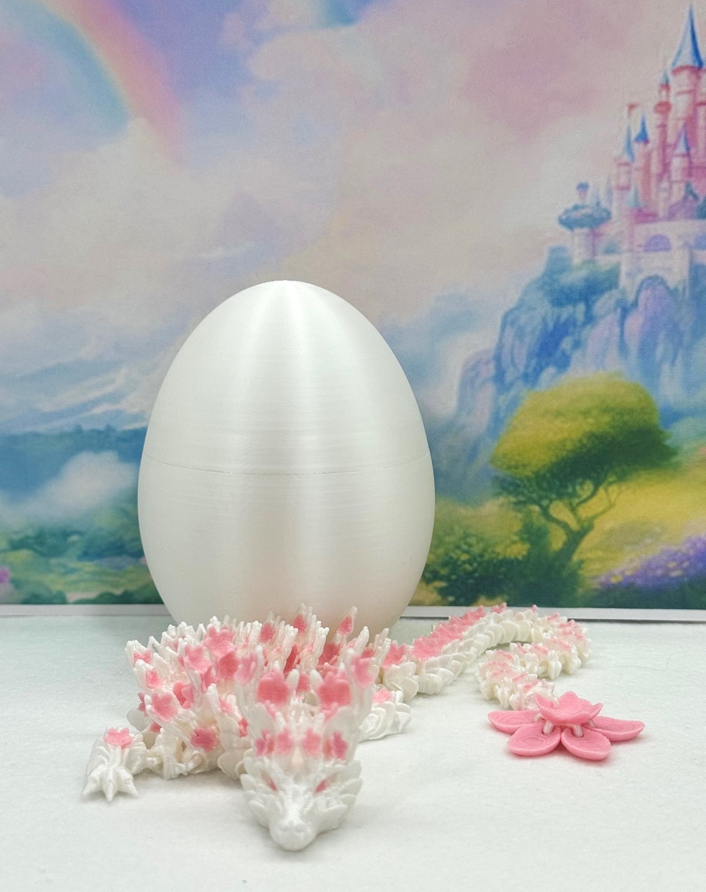 3D Printed Dragon with Dragon Egg, Articulated Cherry Blossom Dragon, 12 Inches White and Pink Dragon, Fidget ADHD Autism Toy, Executive Desk Toy D016-CLS