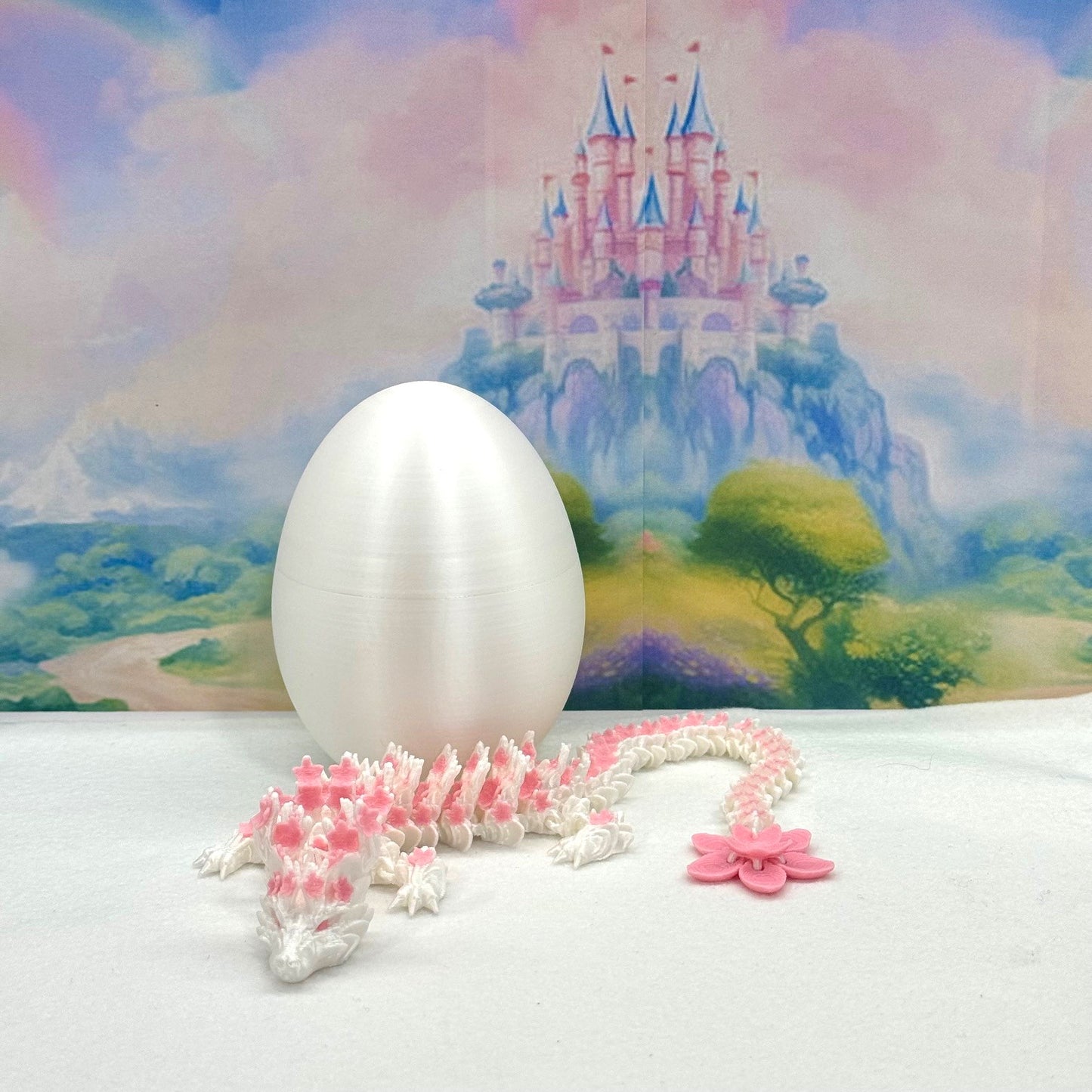 3D Printed Dragon with Dragon Egg, Articulated Cherry Blossom Dragon, 12 Inches White and Pink Dragon, Fidget ADHD Autism Toy, Executive Desk Toy D016-CLS