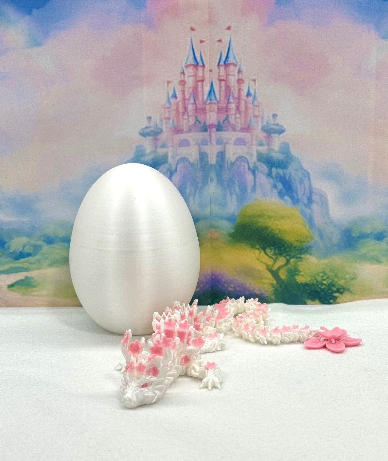 3D Printed Dragon with Dragon Egg, Articulated Cherry Blossom Dragon, 12 Inches White and Pink Dragon, Fidget ADHD Autism Toy, Executive Desk Toy D016-CLS