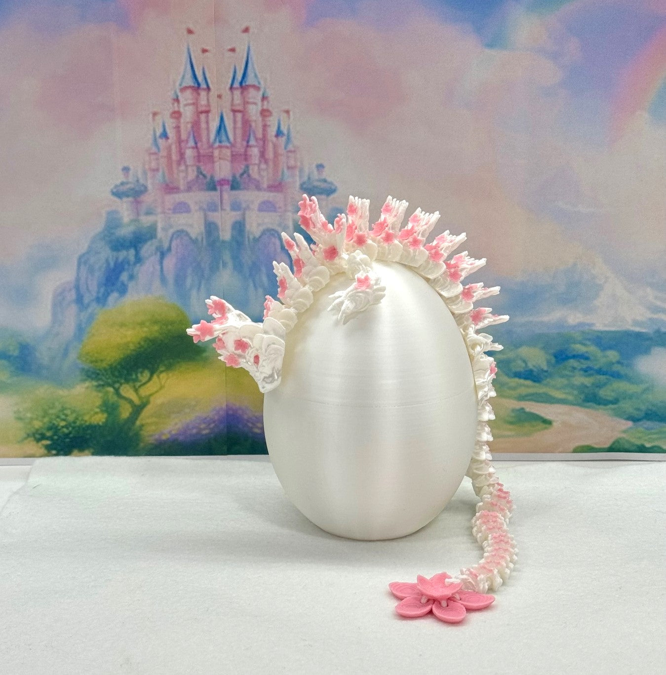 3D Printed Dragon with Dragon Egg, Articulated Cherry Blossom Dragon, 12 Inches White and Pink Dragon, Fidget ADHD Autism Toy, Executive Desk Toy D016-CLS