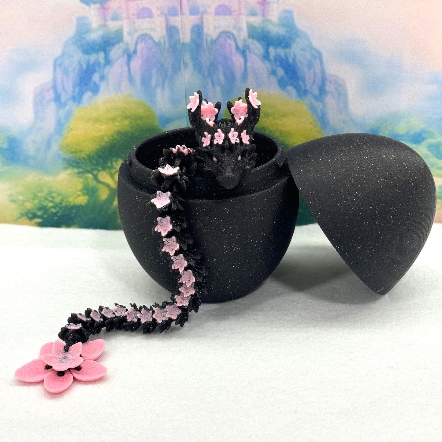 3D Printed Dragon with Dragon Egg, Articulated Dragon, 12" Black and Pink Cherry Blossom Dragon, Fidget Sensory Toy, Flexible ADHD, Autism, Relief Anxiety D028-CLS