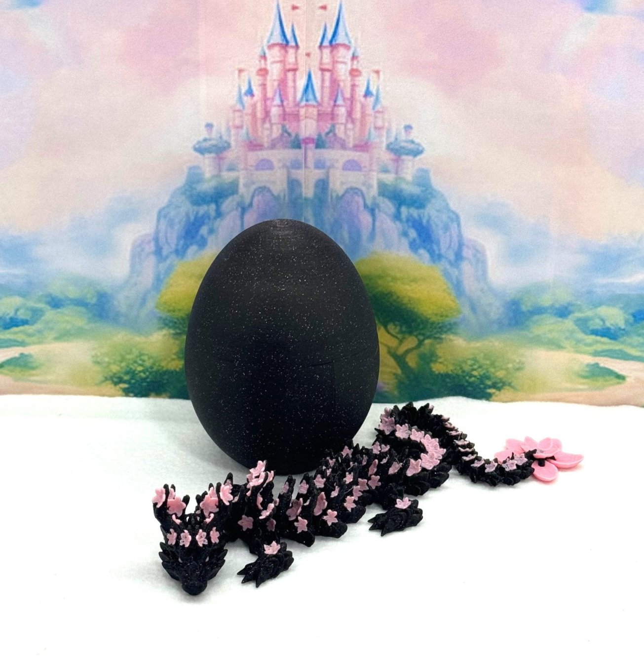 3D Printed Dragon with Dragon Egg, Articulated Dragon, 12" Black and Pink Cherry Blossom Dragon, Fidget Sensory Toy, Flexible ADHD, Autism, Relief Anxiety D028-CLS